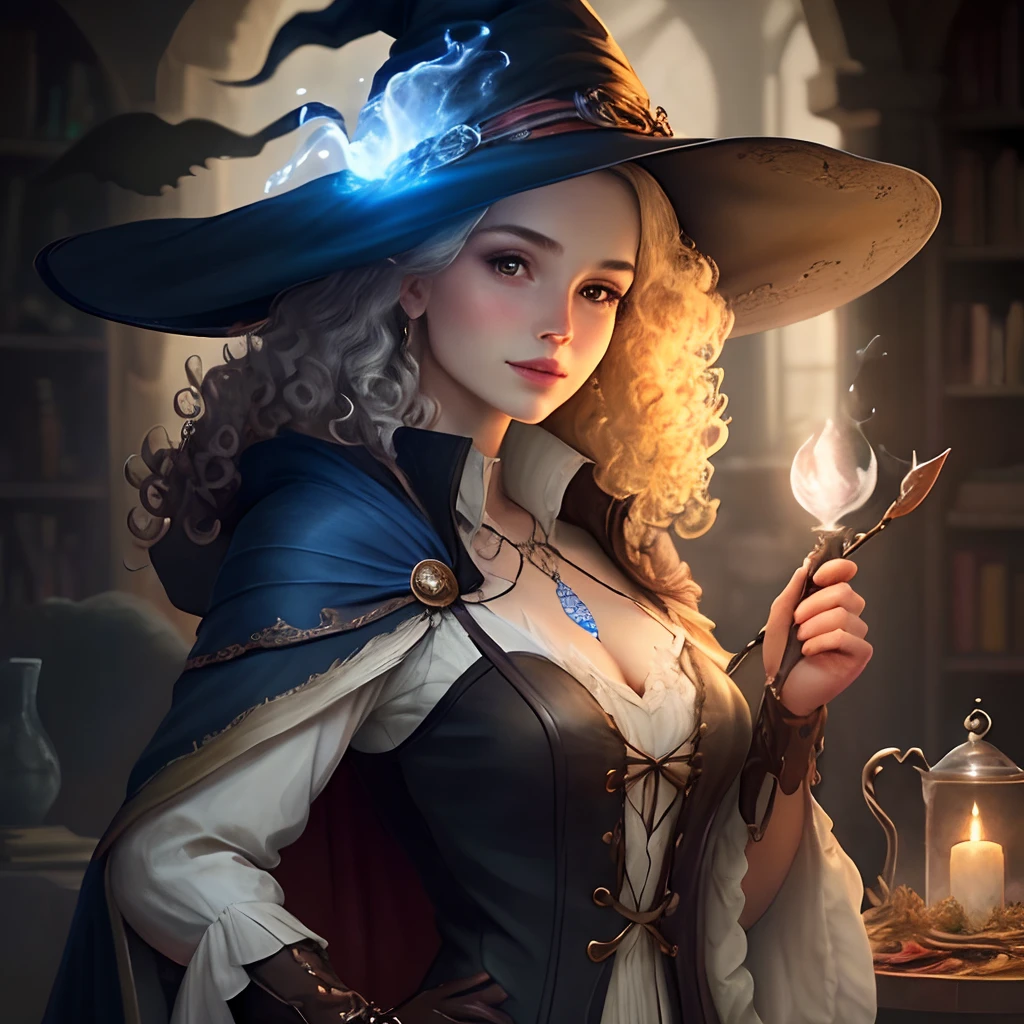A girl, pretty, perky curls, realistic image, witchy, sorceress, magic