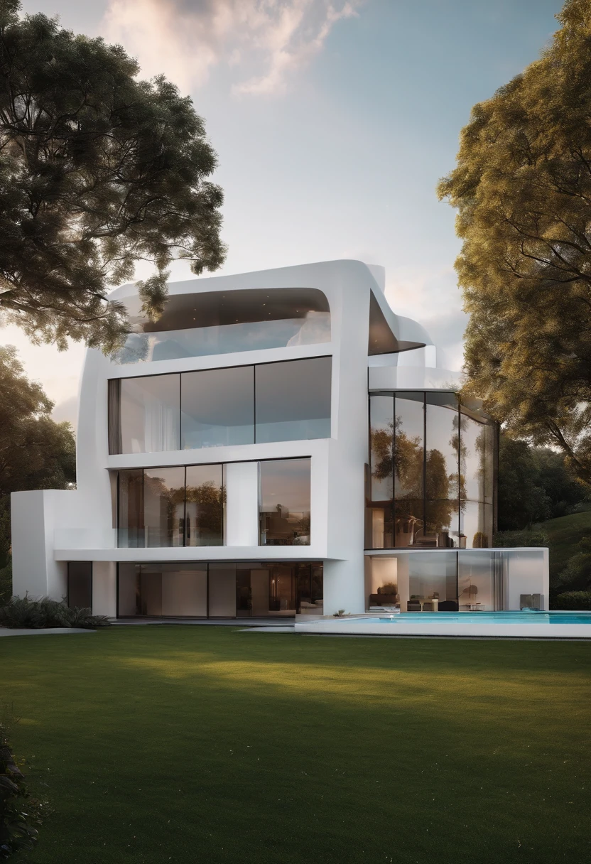 A big house, it's like a palace but it's just a house, it has a modern shape, it's white, it's covered in glass, it has a big garden with a swimming pool.
