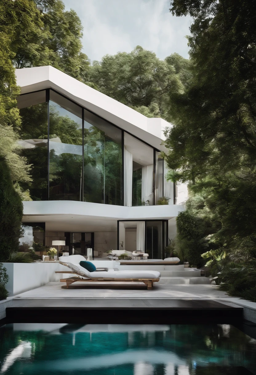A big house, it's like a palace but it's just a house, it has a modern shape, it's white, it's covered in glass, it has a big garden with a swimming pool.