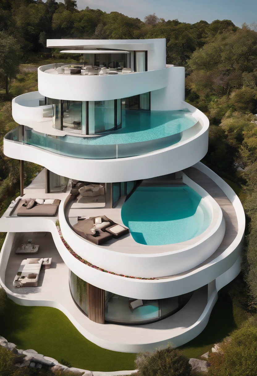 A big house, it's like a palace but it's just a house, it has a modern shape, it's white, it's covered in glass, it has a big garden with a swimming pool.