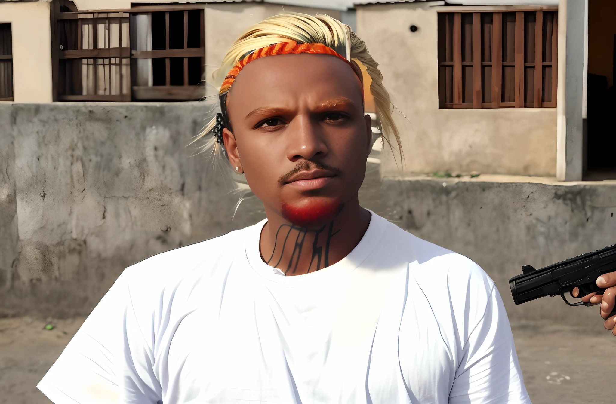 retrato com rosto arredondado,with senário a Brazilian favela,with a pistol in hand,com foco maior em seu rosto, o cabelo deve ser curto e vermelho, com olhos negros, with two-tone lighting, foco nítido, matriz preto-fosco, octanagem, irreal, chave baixa, imagem 720 px por 1080 px, foco maior em seu rosto, o cabelo deve ser curto e vermelho