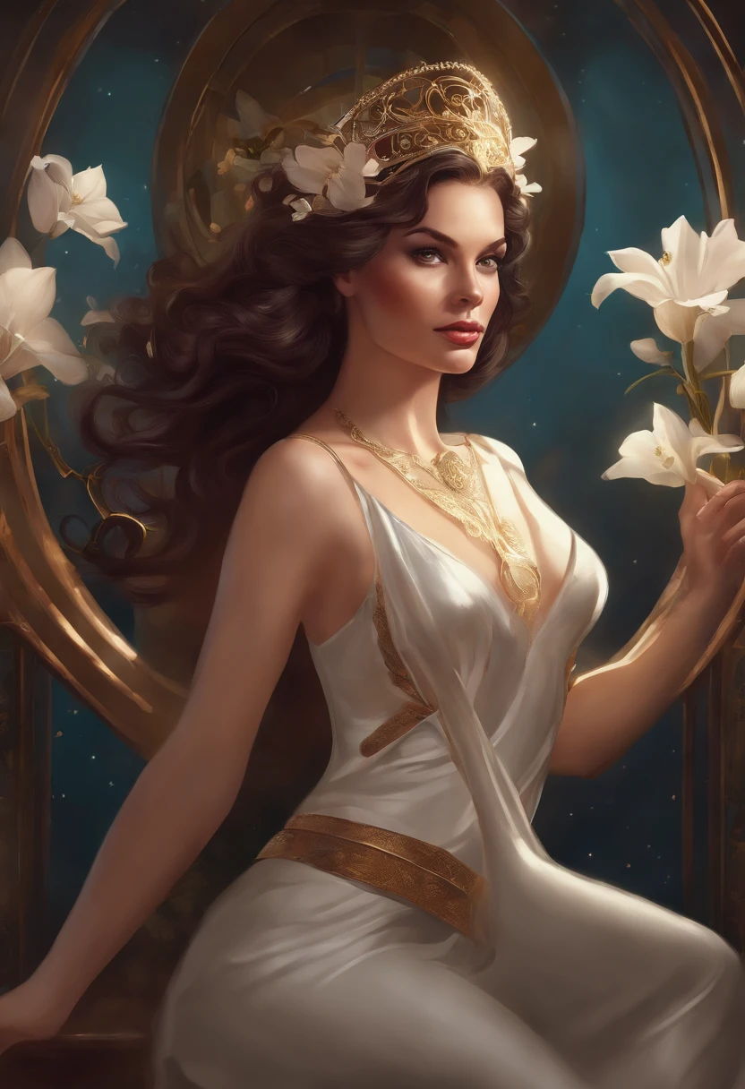 Bettie Page, starfire, Young white girl thin pale, cabelo vermelho, corpo inteiro, capa, pintura hiperdetalhada, luminismo, Bar lighting, complexo, 4k resolution concept art portrait by Greg Rutkowski, Artgerm, WLOP, Alphonse Mucha, little fusion pojatti realistic steampunk, fractal  isometrics details bioluminescens : uma fotografia realista impressionante 30 anos , ruiva, Stunning beautiful Italian god with large white flowers Wet bone structure tiara, 3d render, octane render, intrincadamente detalhado, titanium decorative headdress, cinemactic, trending in artstation | isometric | Amazing colorful centered hypereallistic cover photo, hand-drawn, escura, arenosa, realista mucha, klimt, erte .12k, intrincado. hit definition , cinemactic, rough sketch, mistura de linhas escuras ousadas e linhas soltas, linhas ousadas, no papel, corpo inteiro com vestido de veludo, humanoide, corpo inteiro.