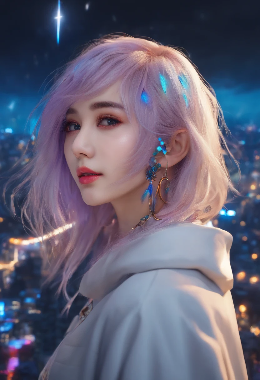 (Masterpiece), Best quality, 超高分辨率,Little girl, cyberpunk 1girl flying above stunning cityscape ,The light on the clothes came on，There is a tattoo on the neck，Hoodie,Blue hair, neon color shooting stars, Very long hair, cropped shoulders, feathers hair ornament, Neon colors, Twinkle, stunning night sky, Cinematic lighting, Photorealistic, Realistic skin, hdr,fish eye