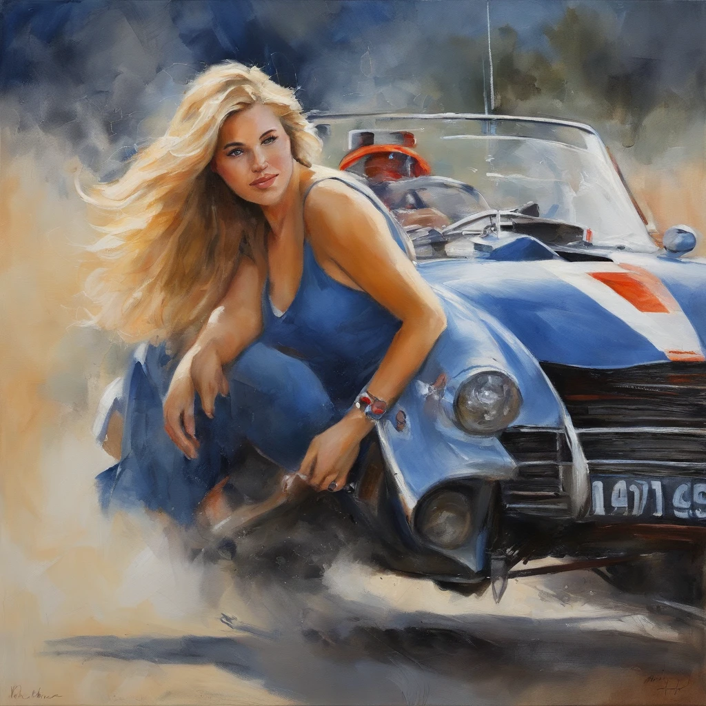 (obra-prima, mejor calidad),1chica joven sensual rubia feliz riendo con cabello claro sentada en un carro formula 1 en la pista, la mano debajo de la barbilla, cuerpo completo, full body, warm lighting, vestida de blue jeans and shirt with formula 1 logos patches, primer plano borroso