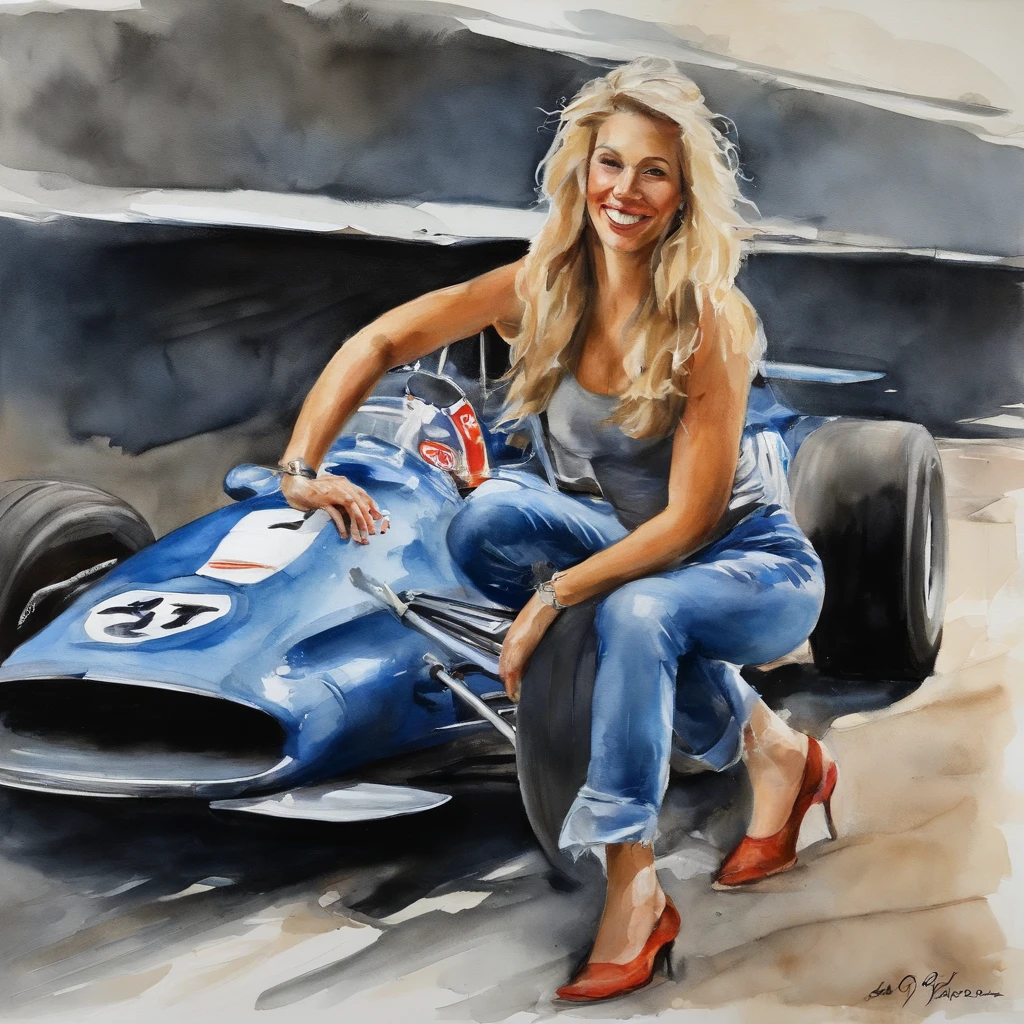 (obra-prima, mejor calidad),1chica joven sensual rubia feliz riendo con cabello claro sentada en un carro formula 1 en la pista, la mano debajo de la barbilla, cuerpo completo warm lighting, vestida de blue jeans and shirt with formula 1 logos patches, primer plano borroso