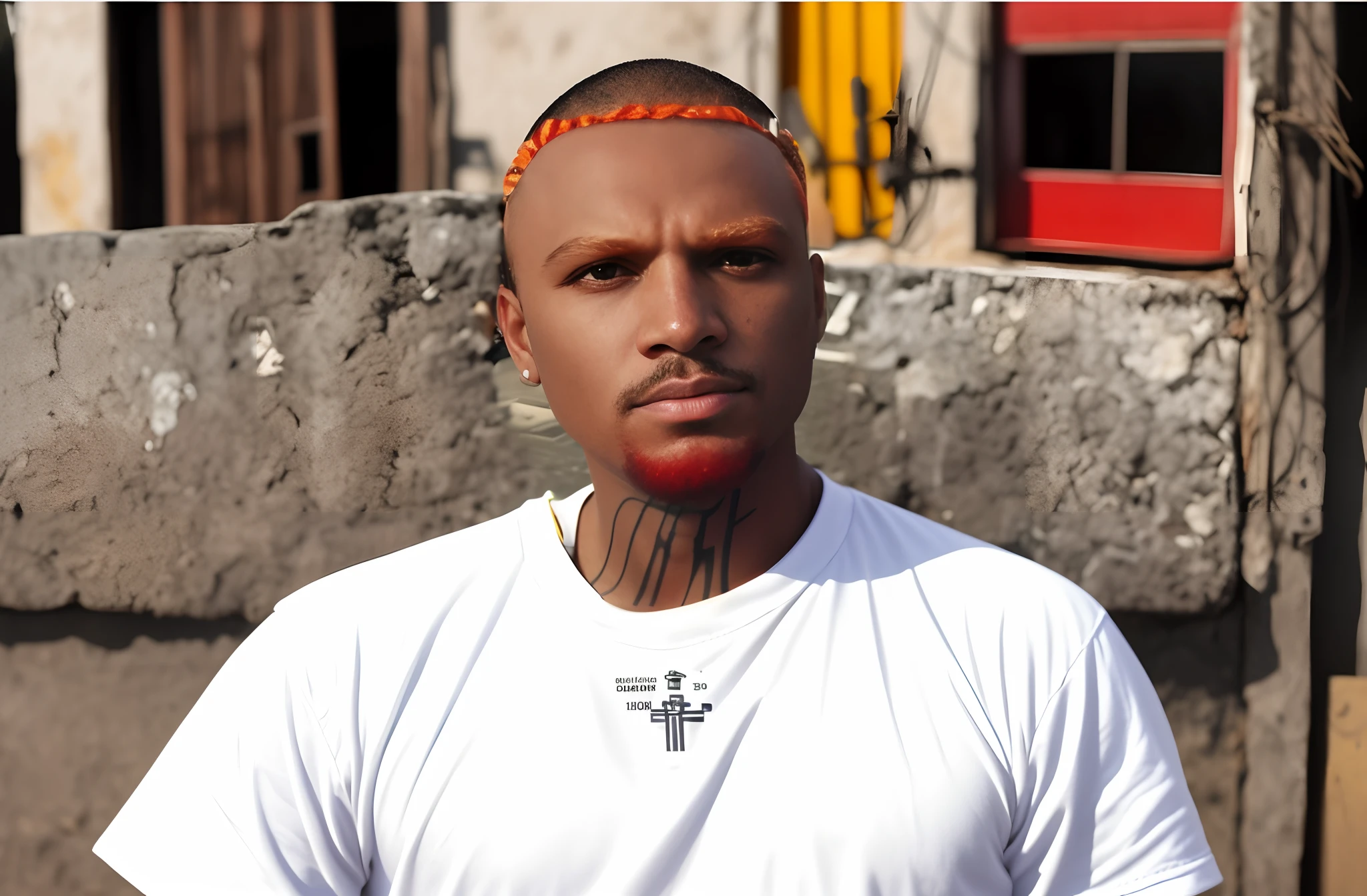retrato com rosto arredondado, homem na favela,favela Brasileira,with a GLOCK G19 3rd GENERATION PISTOL, hand gun,com foco maior em seu rosto, o cabelo deve ser curto e vermelho, com olhos negros, with two-tone lighting, foco nítido, matriz preto-fosco, octanagem, irreal, chave baixa, imagem 720 px por 1080 px, foco maior em seu rosto, o cabelo deve ser curto e vermelho