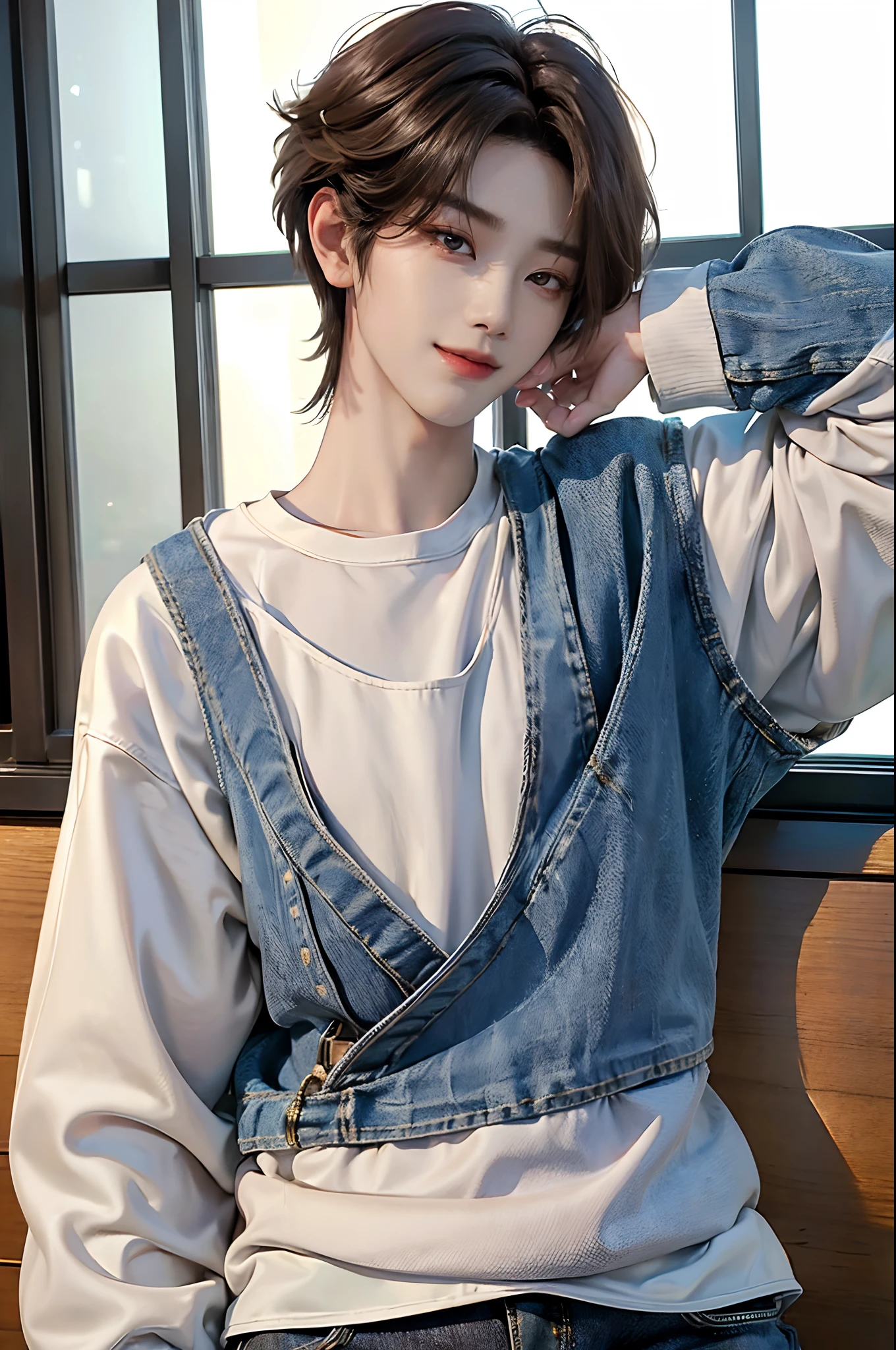 ((4K works))、​masterpiece、（top-quality)、((high-level image quality))、((One Manly Boy))、Slim body、((Jeans Fashion))、(Detailed beautiful eyes)、window、Face similar to Chaewon in Ruseraphim、((short hair above the ears))、((Smaller face))、((Neutral face))、((Light brown eyes))、((Korean boy))、((18year old))、((Handsome man))、((Smiling expression))、((Korean Makeup))、((elongated and sharp eyes))、((photo of a model))、Professional Photos、((Shot alone))、((Upper body photography))、((model poses))