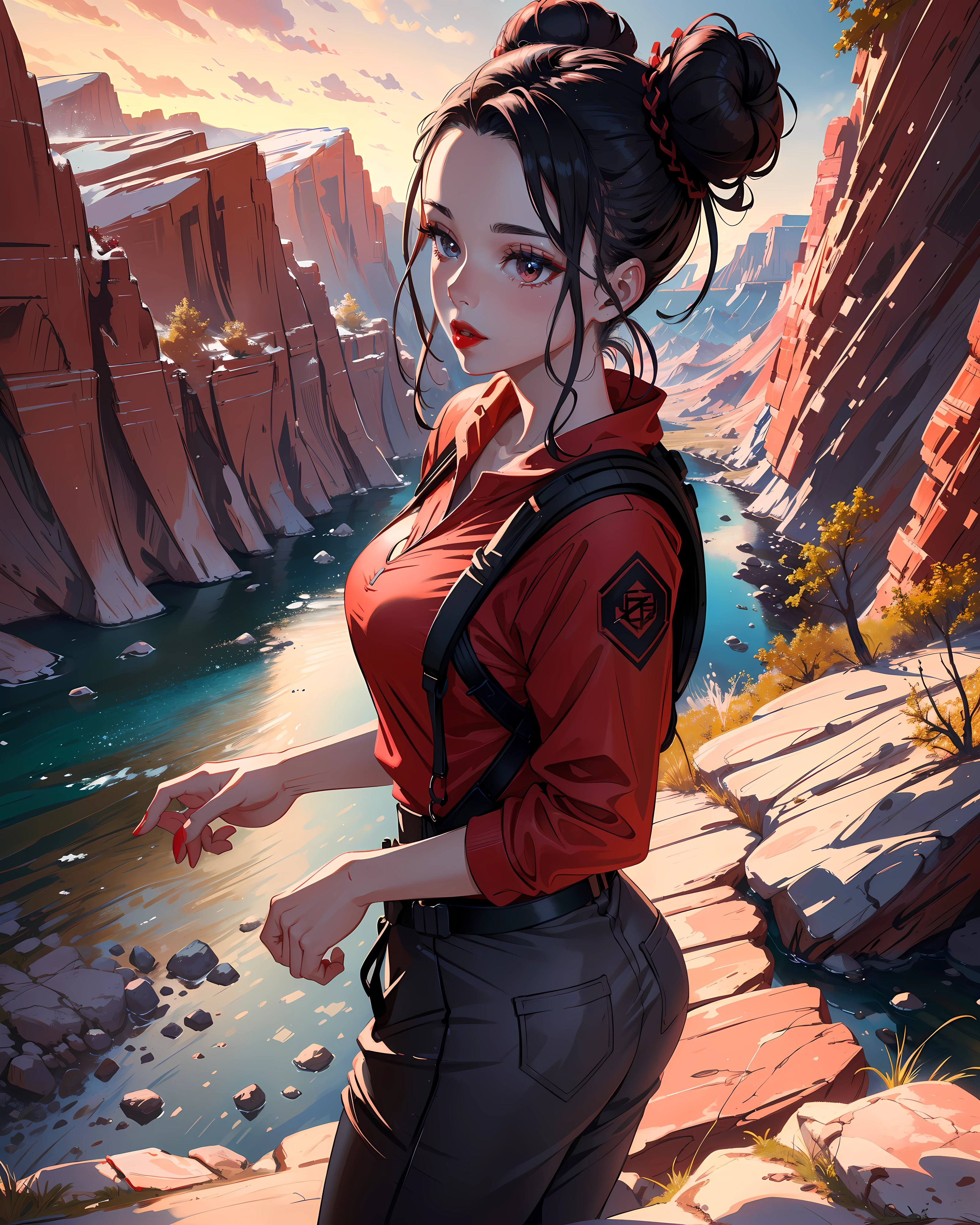 portrait photo of JoSkriver beautiful woman hair , double bun,  hiking trail in zions national park, full red lips, (masterpiece) (best quality) (detailed) (8k) (HDR) (wallpaper) (cinematic lighting) (sharp focus) (intricate)