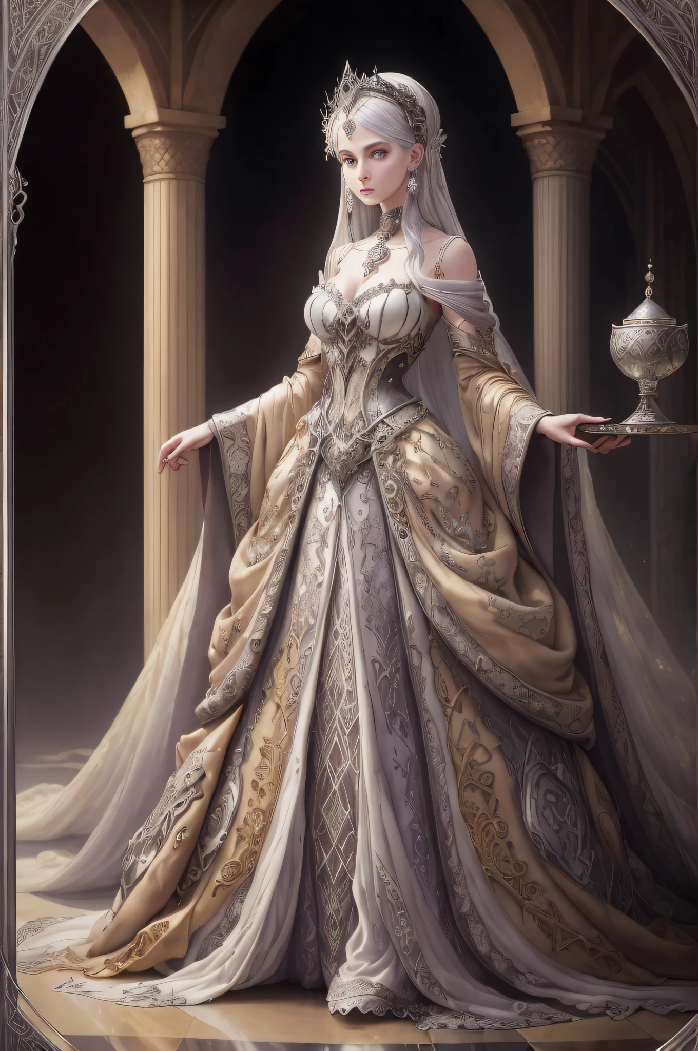 Prompt: ((masterpiece)), best quality, expressive girl, (perfect detailed face), (perfect detailed hands), laying in repose, wearing a creative concept design costume, a strange yet beautiful outfit covered in opals, decorated with black embroidery, hoarfrost, and whisky shadow, (white & silver & beige themed clothes), she stands alone facing the camera, set in the orientalist art movement, a crowded arabesque palace, fantasy creatures and adorable monsters serve overflowing plates of fruit, Epic Fantasy, dreamy, magical environment themes, (by Tim Burton & Vivienne Westwood & Brian Froud), mixed media style, hard edges, featured on Artsy scene, artistic details, high resolution, midjourney, Model: Blossom Light