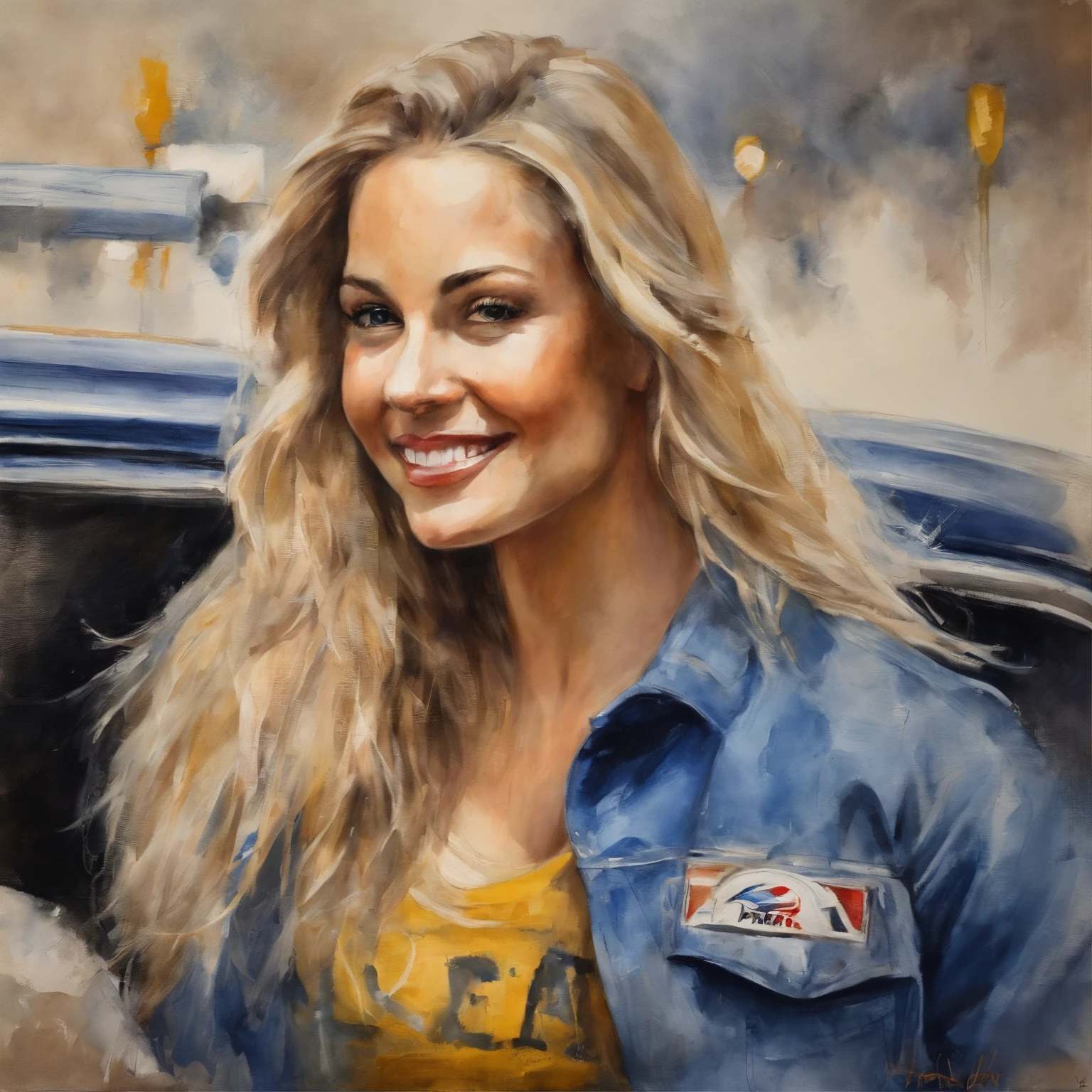 (obra-prima, mejor calidad),1chica joven sensual rubia feliz riendo con cabello claro sentada en un carro formula 1 en la pista, la mano debajo de la barbilla, cuerpo completo, full body, warm lighting, vestida de blue jeans and shirt with formula 1 logos patches, primer plano borroso