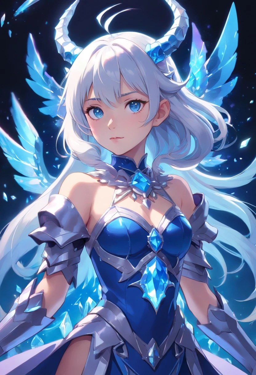 (beautiful ice beauty), (the ice queen power armor), (erotic pose), 8k, waist-length view, (arms crossed on the chest), sits, contemptuous look, the crown of sin