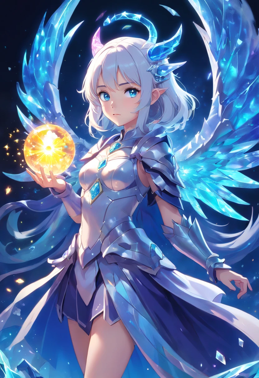 Demon Princess, full body, female character demon, demon armor, intricate, elegant, highly detailed, blue eyes, dark white hair, digital painting, artstation, perfect body, holographic glow, light particles, raytraced, alchemist room with colorful potions, concept art, magic energy wings, smooth, sharp focus, illustration, 8k, floating colorful crystals,
