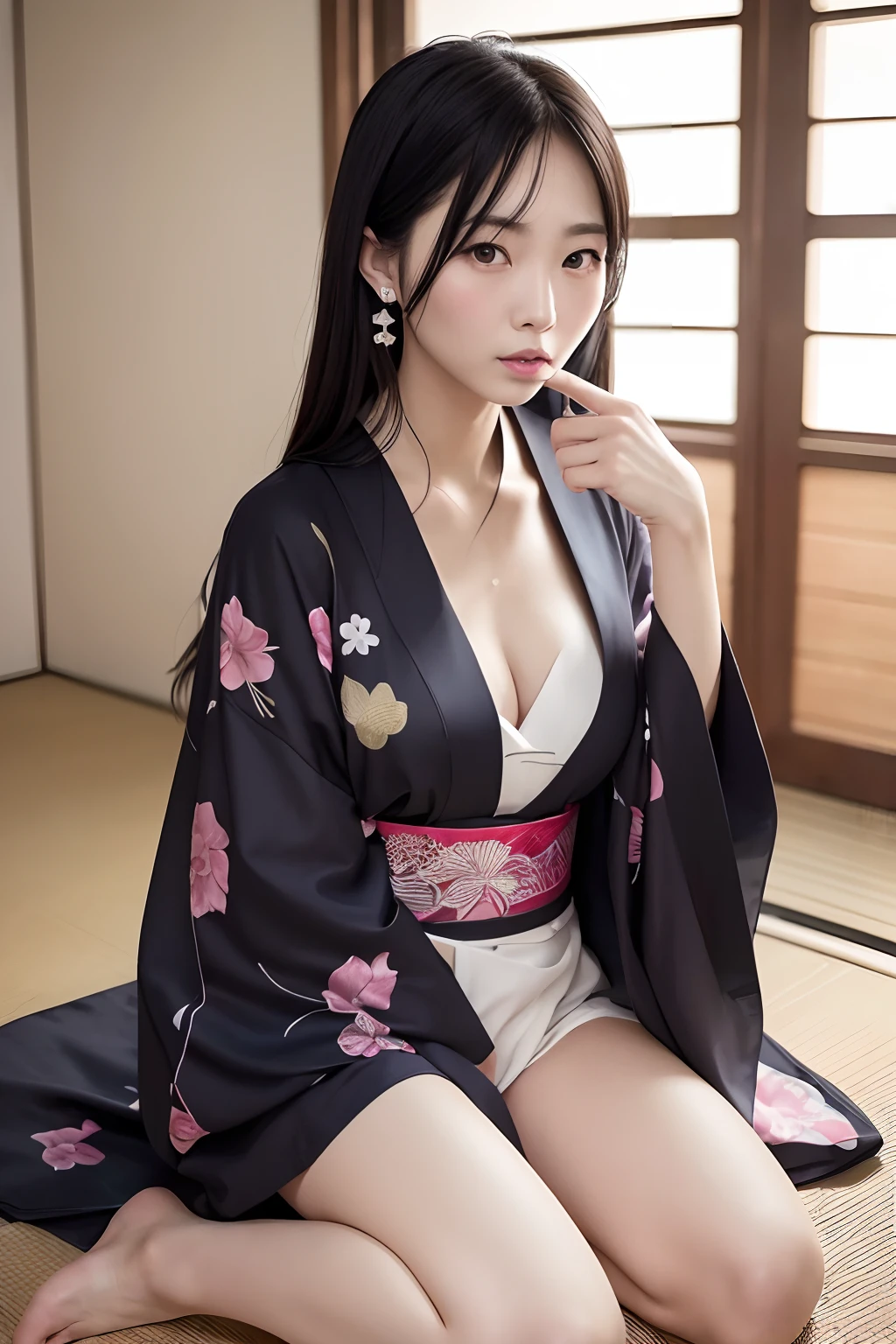 Sadako has a unique atmosphere that exudes creepiness and horror。 Sadako、Seductive smile:1.5,long black hair that hides the eyes、Kimono with detailed patterns、The exterior is eerie and attractive、Attractive flat chest.is standing,Standing,Flat chest with sexy and bewitching standing legs.Spread, Sweaty crotch Wet crotch Touched hair Wet wet crotch Seductive angle, Right arm and leg, Right position、Delicate, masutepiece, Beautiful detailed, colourfull, Finely detailed,Detailed lips, Intricate details, (1 woman:1.5), (a gorgeous beautiful 30 age years old sexy korean woman:1.1), (50mm Sigma f/1.4 ZEISS lens, F1.4, 1/800s, ISO 100, fotograpy:1.1)flat chest.(Photorealistic:1.1), Solo, up looking_で_viewer, Tall lady, ,Happy smile, from a_front, earrings, slim_Legs, skinny, Thigh_the gap, Model, Lens Flare, Choker,(Kimono with detailed patterns+See-through silhouette, Wedge Heel:1.3), korean commentary, Asian_Street, Asian_traditional_Duan,1boy, vaginal, POV,flat chest :1.5 same, Elegant