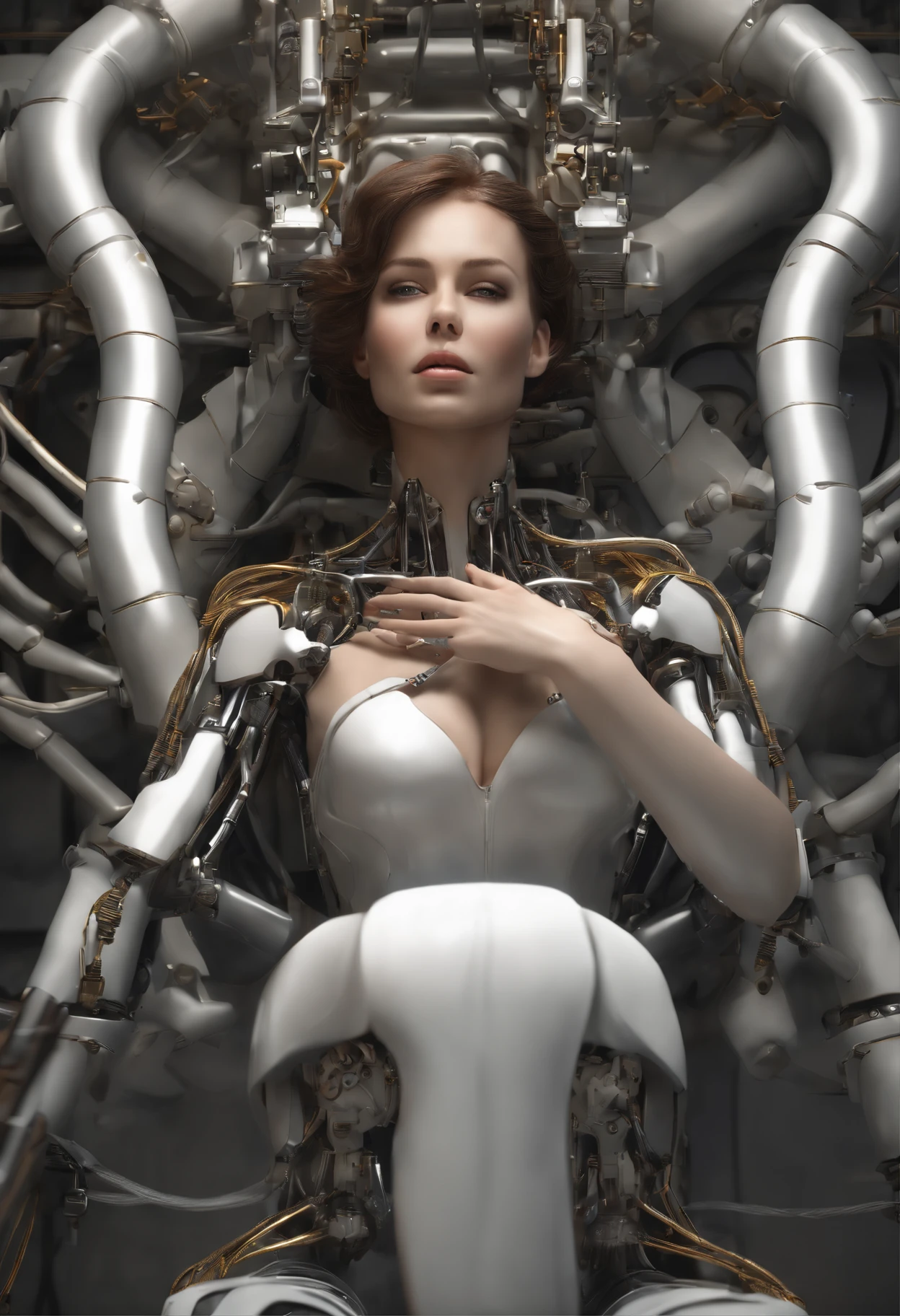 (((masterpiece))), (((best quality))), ((ultra-detailed)), (highly detailed CG illustration), ((an extremely delicate and beautiful)),(from side),cinematic light,((1mechanical girl)),solo,full body,(machine made joints:1.2),((machanical limbs)),(blood vessels connected to tubes),(mechanical vertebra attaching to back),((mechanical cervial attaching to neck)),(sitting),expressionless,(wires and cables attaching to neck:1.2),(wires and cables on head:1.2)(character focus),science fiction,extreme detailed,colorful,highest detailed