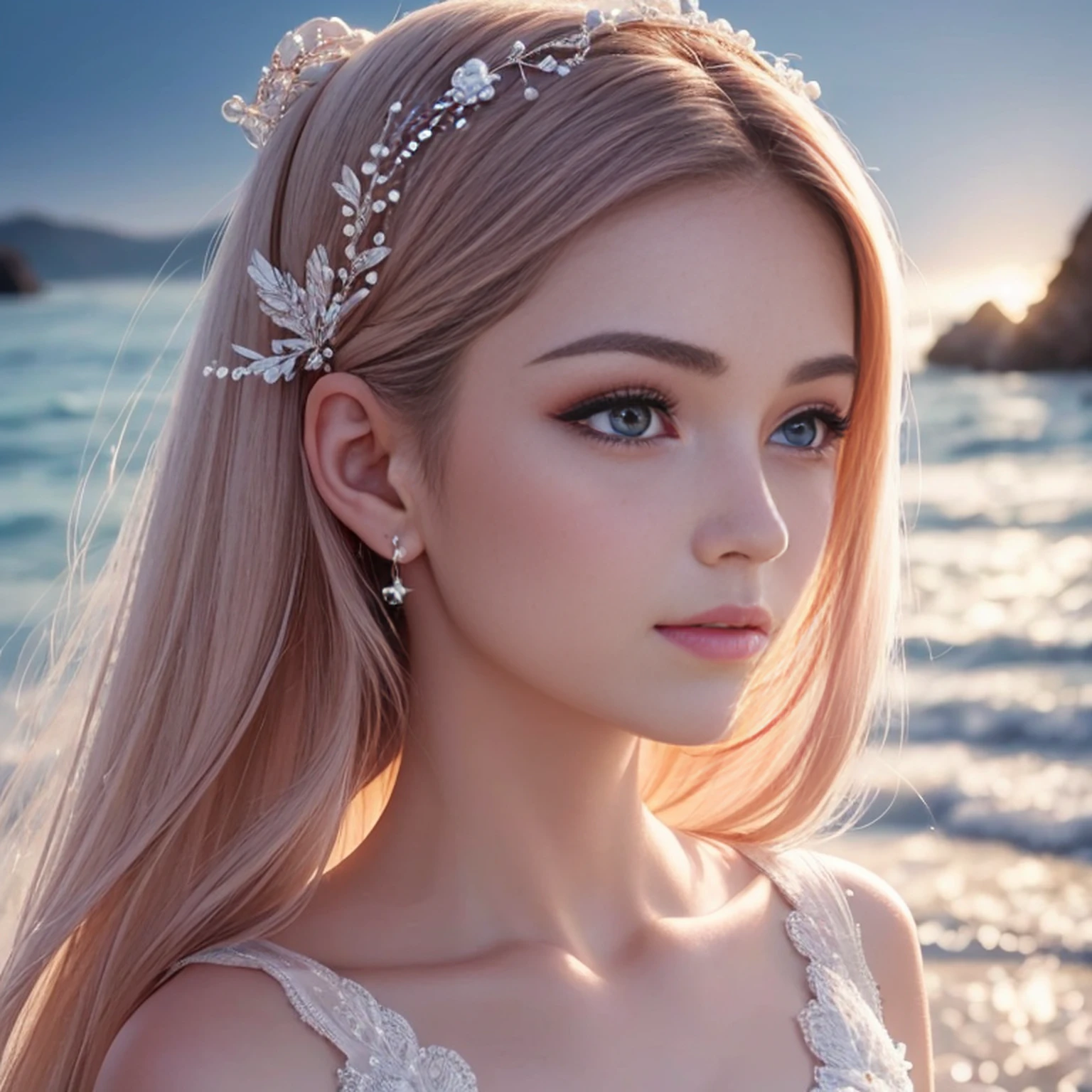 Ultra claro, ultra detalhado, delicate facial features, figura perfeita, litoral, luz natural, longos cabelos ruivos, olhos brilhantes, long eyelashes, vestido deslizante rosa, estrela-do-mar, Conchas, pearl hair accessories, Sereias