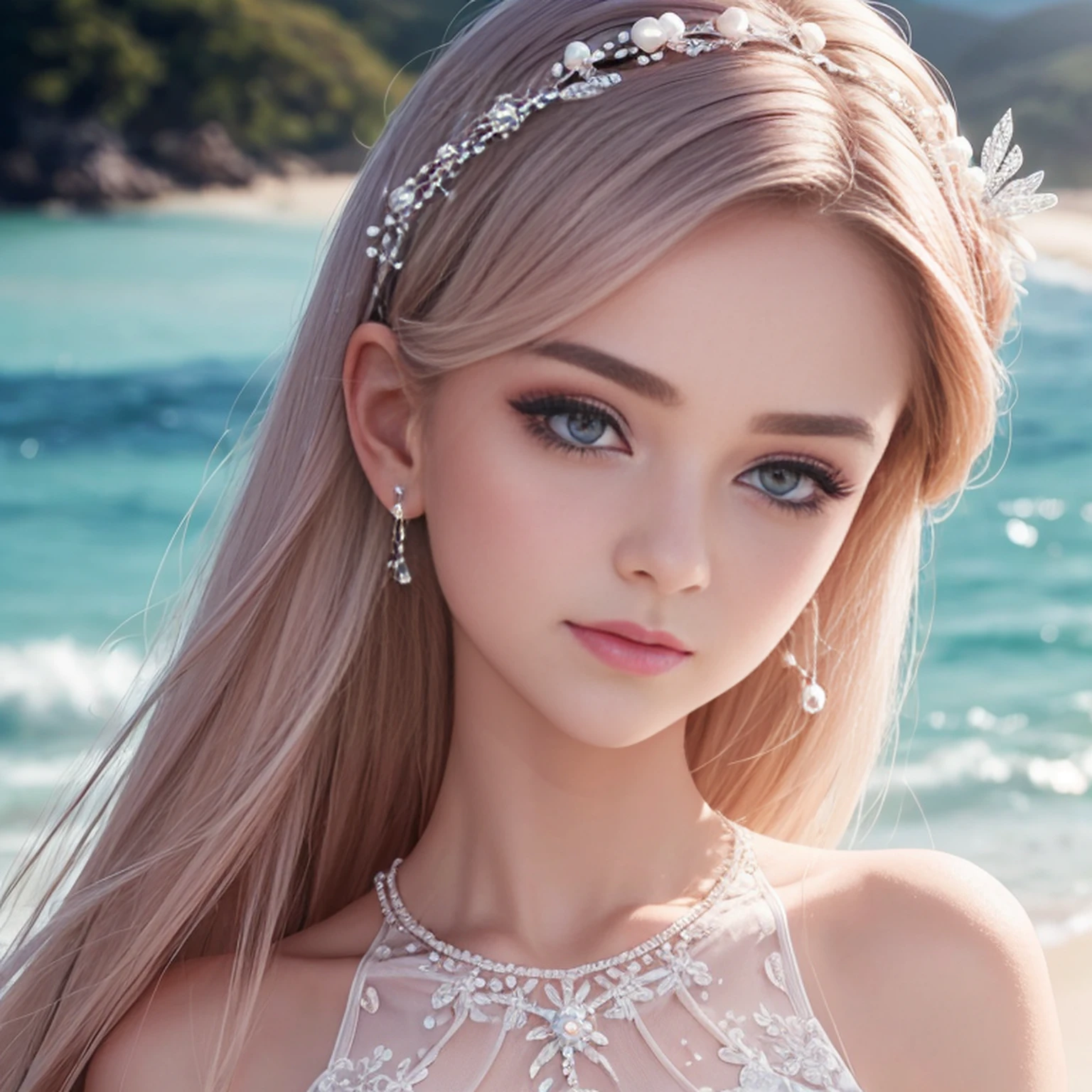Ultra claro, ultra detalhado, delicate facial features, figura perfeita, litoral, luz natural, longos cabelos ruivos, olhos brilhantes, long eyelashes, vestido deslizante rosa, estrela-do-mar, Conchas, pearl hair accessories, Sereias