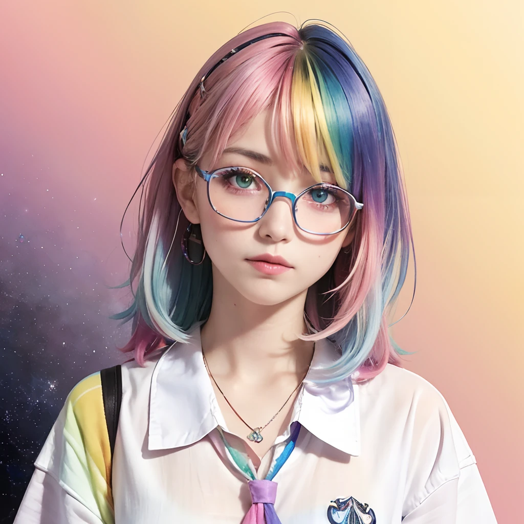(masterpiece, highest quality, highest quality, watercolor art (pendant), official art, beautiful and aesthetic, (1.2), (1 girl: 1.3), (fractal art: 1.3), full body, star-shaped pupil, , pattern, ((iridescent hair, colorful hair, half blue and half pink hair: 1.2)), (school uniform), colorful, glasses, writing, heterochromia, (colorful: 1.5), ((rainbow sky)), sun, (embarrassed face), adult