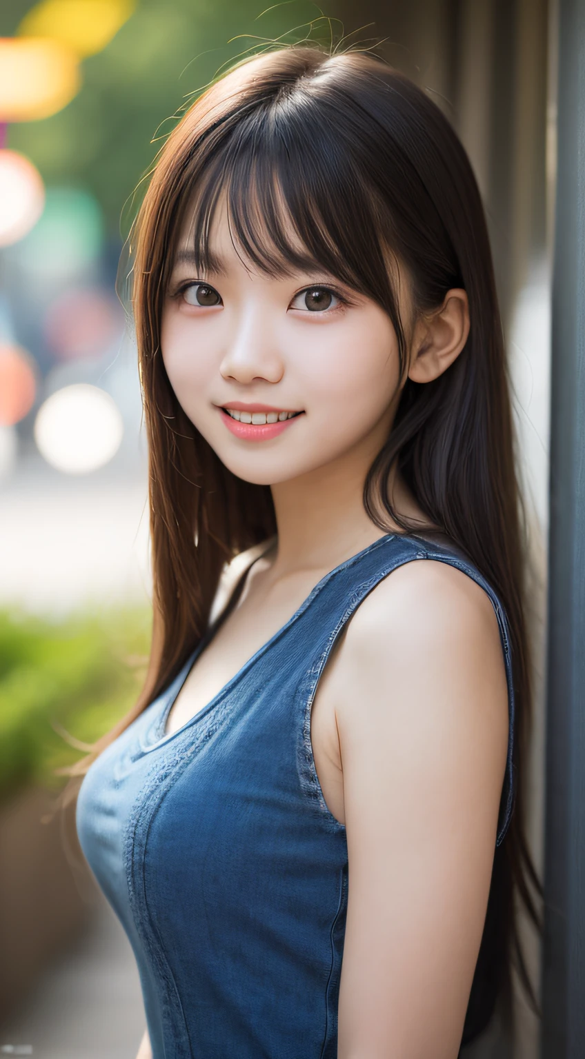 1 Girl, Tokyo Street,night, Streetscape,City lights,Upper Body,close,smile,, (8K, Raw photo, highest quality, masterpiece:1.2),(Realistic, photo-Realistic:1.37),