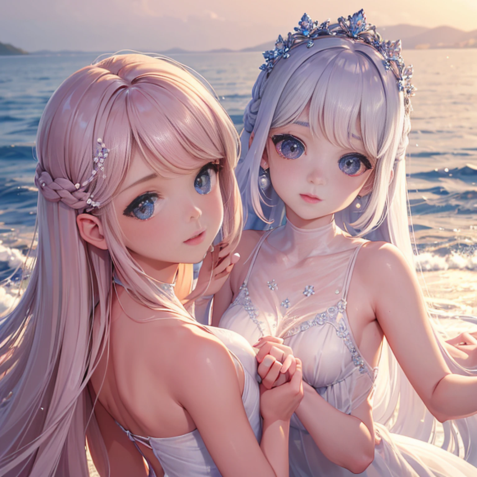 (Twoheads), (2heads:1.5), 1girl, blonde hair and a necklace, digital art inspired by Yanjun Cheng, Tumblr, Rococo, portrait of jossi of blackpink, portrait jisoo blackpink, floating blue hair, Long flowing blue hair, long bubblegum hair, sky blue hair, Pink girl, pink hues, ((Pink)), Long blue hair, blond straight hair, curly blue hair