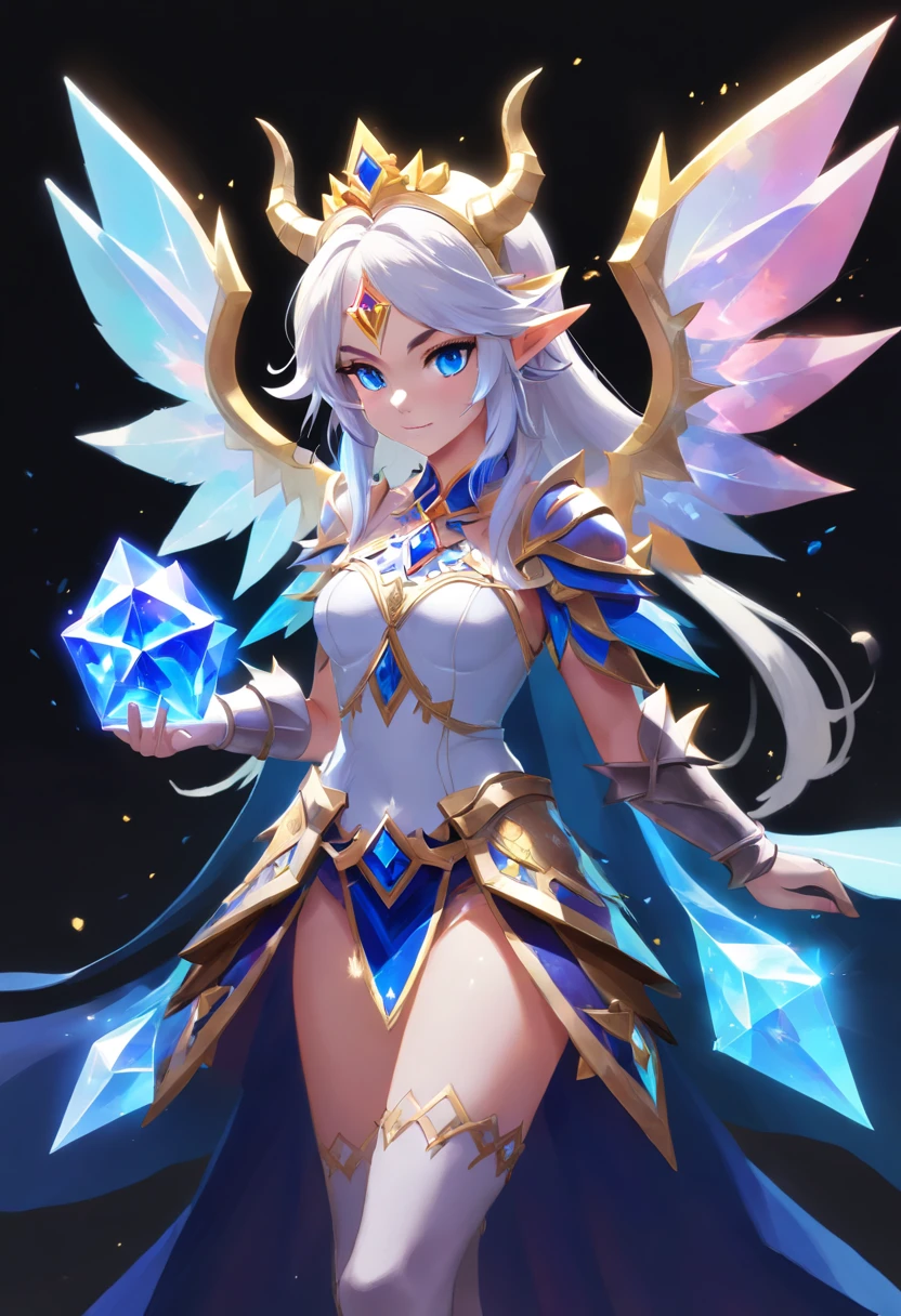 Demon Princess, full body, female character demon, demon armor, intricate, elegant, highly detailed, blue eyes, dark white hair, digital painting, artstation, perfect body, holographic glow, light particles, raytraced, alchemist room with colorful potions, concept art, magic energy wings, smooth, sharp focus, illustration, 8k, floating colorful crystals,