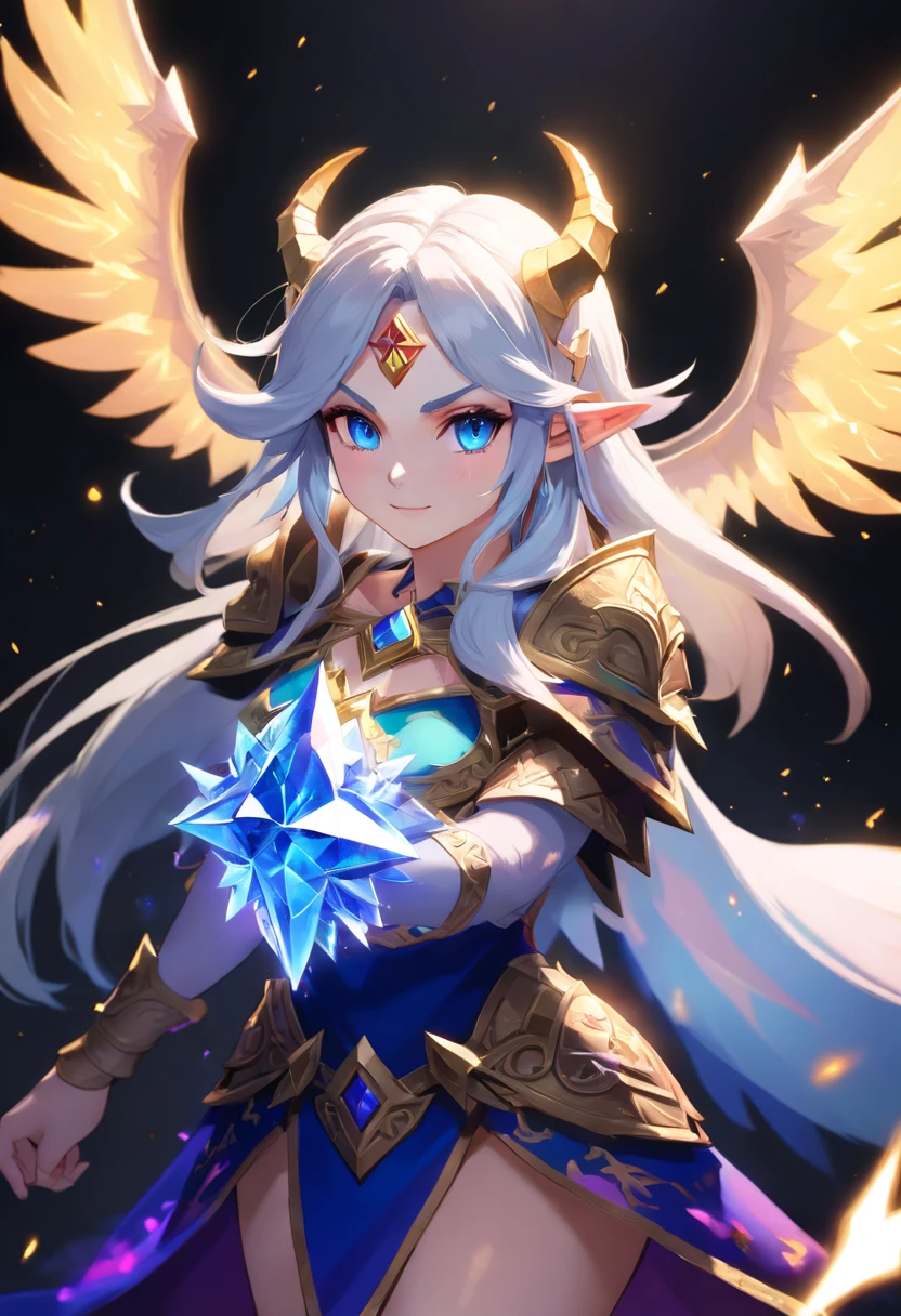 Demon Princess, full body, female character demon, demon armor, intricate, elegant, highly detailed, blue eyes, dark white hair, digital painting, artstation, perfect body, holographic glow, light particles, raytraced, alchemist room with colorful potions, concept art, magic energy wings, smooth, sharp focus, illustration, 8k, floating colorful crystals,