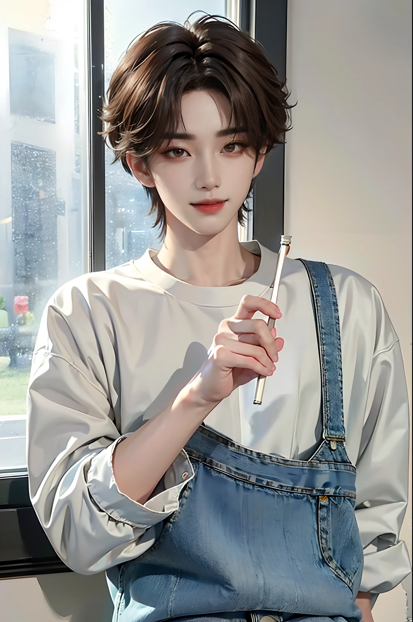((4K works))、masterpiece、(top-quality)、((high-level image quality))、((One Manly Boy))、Slim body、((Jeans Fashion))、(Detailed beautiful eyes)、window、Face similar to Chaewon in Ruseraphim、((short hair above the ears))、((Smaller face))、((Neutral face))、((Light brown eyes))、((Korean boy))、((18year old))、((Handsome man))、((Smiling expression))、((Korean Makeup))、((elongated and sharp eyes))、((photo of a model))、Professional Photos、((Shot alone))、((Upper body photography))、((model poses))