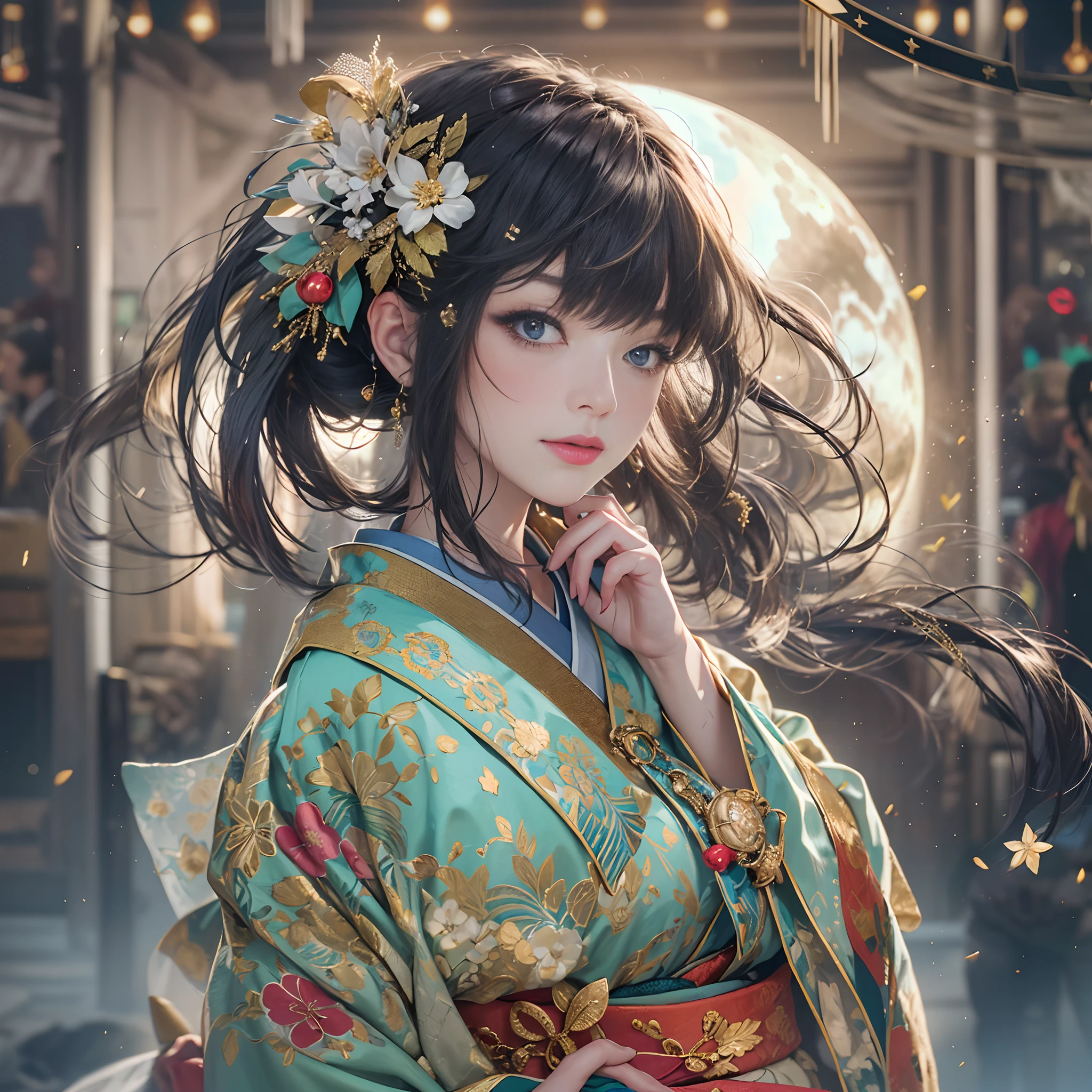 watching at viewers、Background with((ancient city:1.2)And the moon、(dense background:1.5))、BREAK {{{Luxury kimono(Colorful kimono(Detailed golden embroidery,))}}}、face perfect,Depict a beautiful and graceful woman of Japan,poneyTail、Woman with shiny black hair、perfect hand,Heart in the eye。odd eye,full body Esbian,Blur the background with a sickle,((masutepiece)), ((Best Quality))Wallpapers 16K, .Blur the background with a sickle,BREAK,((masutepiece)), ((Best Quality)),epicd(Lige Fries Photography、sony a7、50 millimeters、pores:1.5、Farbe、ultra-detailliert:1.5、film grains:1.4、hyper realisitic:1.5)、octan render、 ultra realistic lifelike textures、​masterpiece、unrealengine5、the Extremely Detailed CG Unity 8K Wallpapers、Madly detailed photo、Ultra-realistic light、(Pulitzer Prize for Best Photography、Taylor Wessing Award for Best Photography)