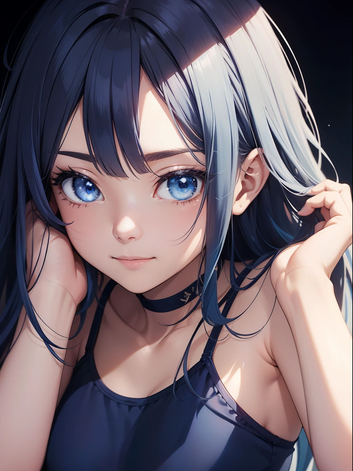 Official art、Top quality ultra-detailed CG art、a beauty girl：１.２）、blue hairs、Glossy hair、smooth hair、large blue eyes,Mid summer、kawaii、The sky is beautiful、medium cut、blue see-through swimsuit、Smooth clothes、ssmile、It features a simple、Ecchi