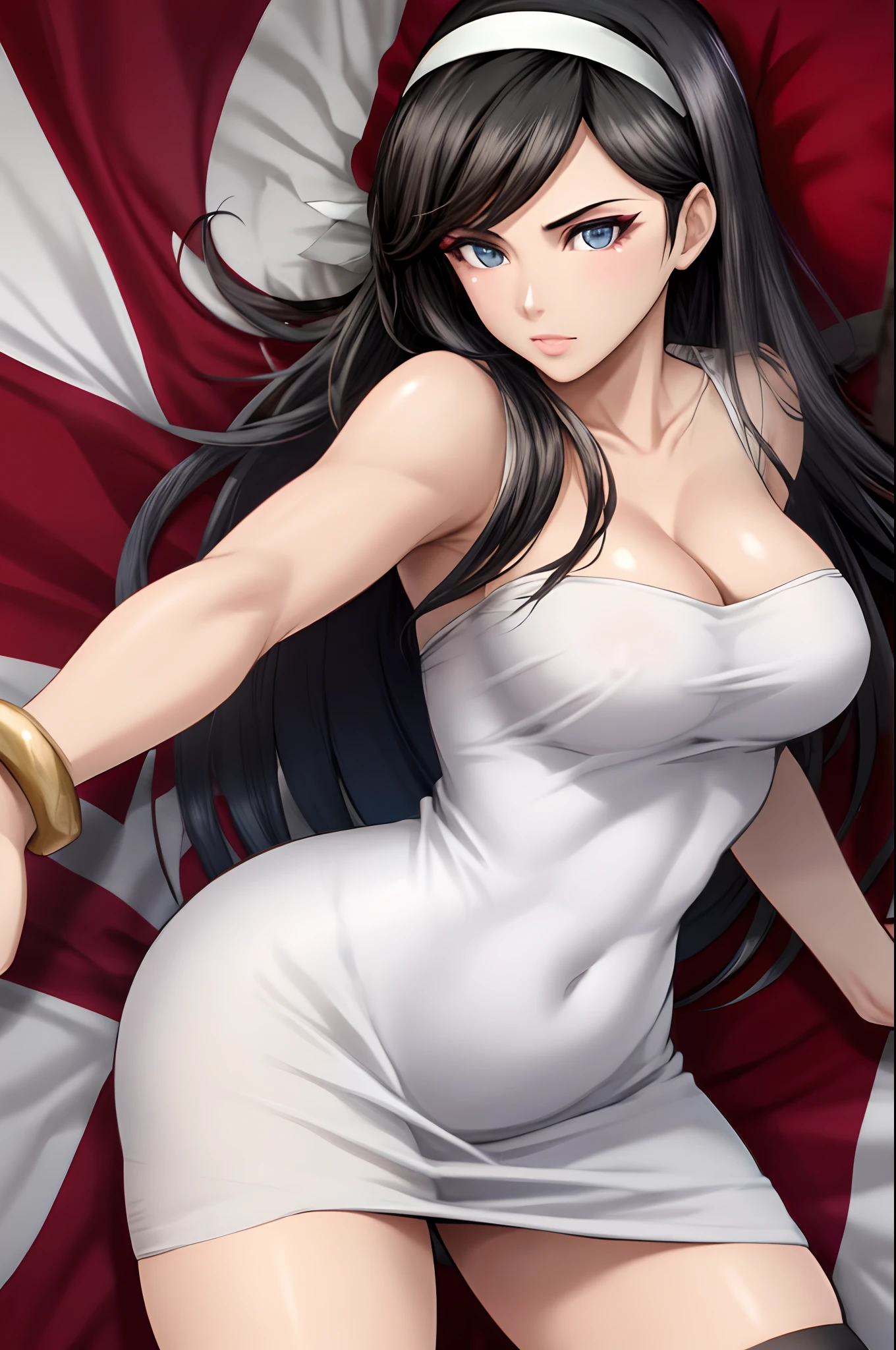 1girl, solo, long hair, kumashiro maya, hairband, white dress, bracelet, black thighhighs, makeup, dress, white dress, no sleeves, blue eyes, jewelry, looking at viewer, white background, cleavage, collarbone, upper body, parted bangs, very long hair, bangs, cowboy shot, dynamic pose, dynamic angle, dynamic cut, bedsheets, pillow