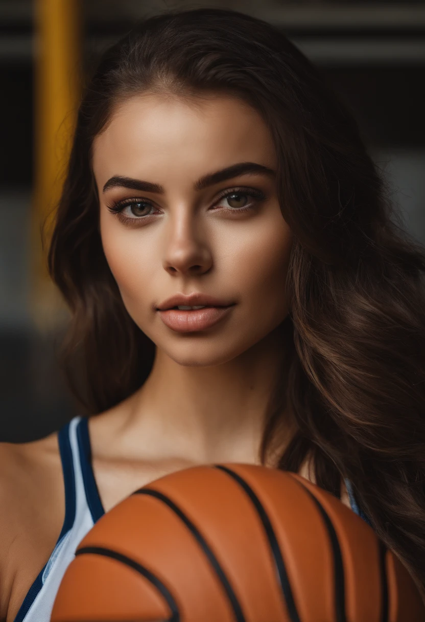 arafed woman with a sporty outfit, sexy girl with brown eyes, portrait sophie mudd, brown hair and large eyes, selfie of a young woman, violet myers, without makeup, natural makeup, looking directly at the camera, face with artgram, subtle makeup, stunning full body shot, near a basketball hoop, cleavage