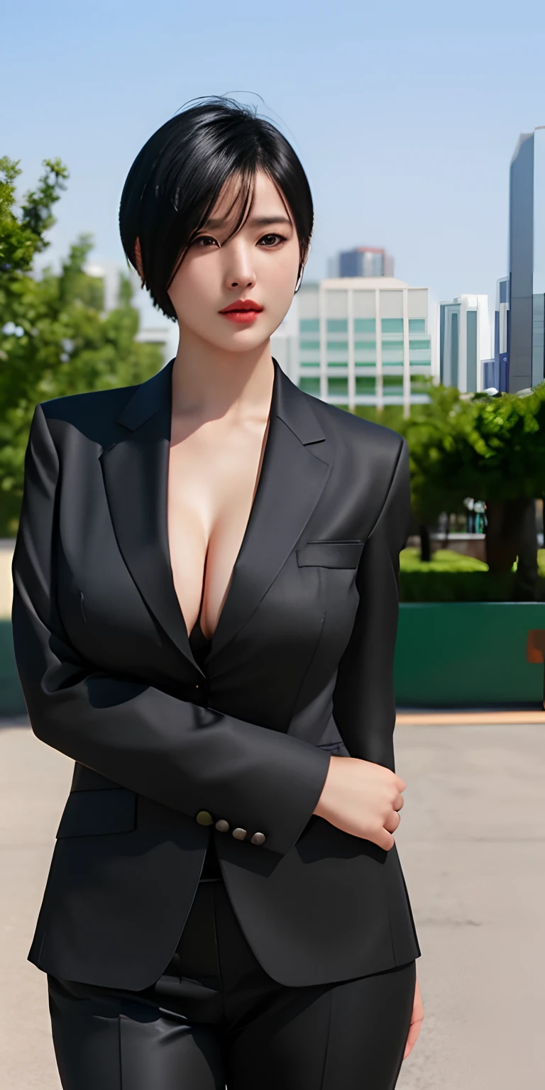 1girl, (business suit), short hair,blackhair,outdoors, detailed face, detailed eyes, huge breasts, shiny skin, looking at the audience, (8k, RAW photo, best quality, masterpiece: 1.2), (realistic, realistic: 1.37), ultra-high resolution