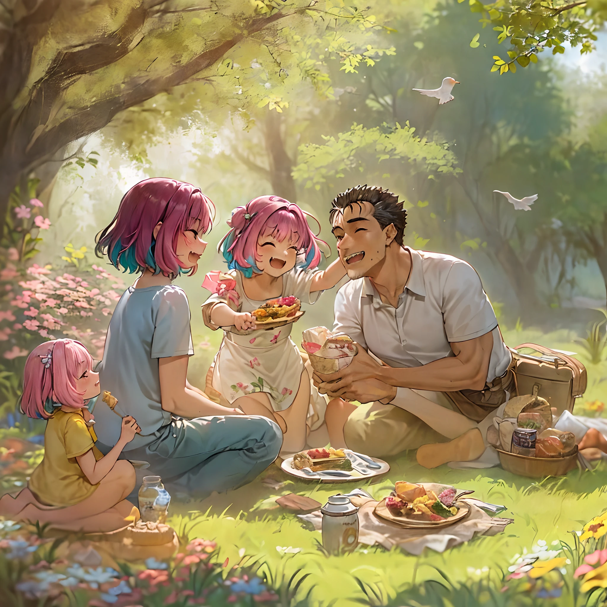 (a happy family in a picnic garden),(riamu as a motherly figure),(riamu and her husband spending quality time),(a couple enjoying the outdoors),(riamu's children playing and having fun),(guts as a loving and caring father),(a loving husband and wife),(riamu and her son sharing a joyful bond),(a happy and harmonious family),(the joyful laughter of children),(the warmth of family bonds),(a picturesque garden scene),(the vibrant colors of nature),(the soft sunlight filtering through the trees),(a peaceful and serene atmosphere),(guts and riamu surrounded by blooming flowers),(the scent of freshly cut grass),(a delicious picnic spread with a variety of food),(the sound of birds chirping),(the feeling of grass beneath their feet),(the love and happiness radiating from the family),(a moment of pure joy and togetherness),(a snapshot of a perfect family outing),(a memory to be cherished forever)