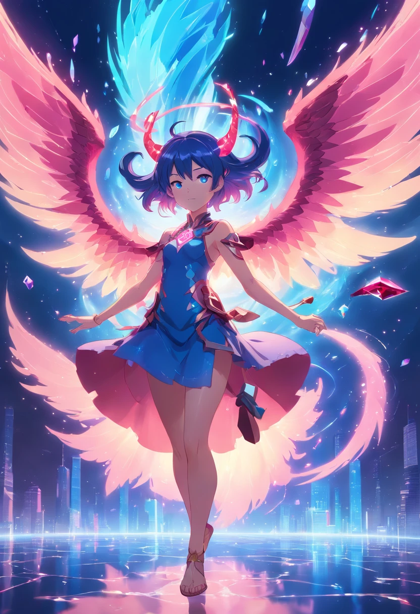 Demon Princess, full body, female character demon, fairy armor, intricate, elegant, highly detailed, blue eyes, dark pink hair, digital painting, artstation, perfect body, holographic glow, light particles, raytraced, alchemist room with colorful potions, concept art, magic energy wings, smooth, sharp focus, illustration, 8k, floating colorful crystals,