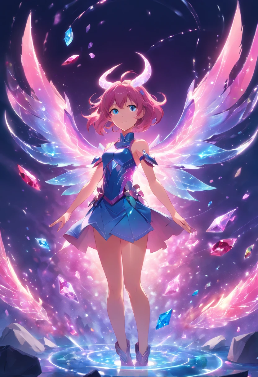 Demon Princess, full body, female character demon, fairy armor, intricate, elegant, highly detailed, blue eyes, dark pink hair, digital painting, artstation, perfect body, holographic glow, light particles, raytraced, alchemist room with colorful potions, concept art, magic energy wings, smooth, sharp focus, illustration, 8k, floating colorful crystals,