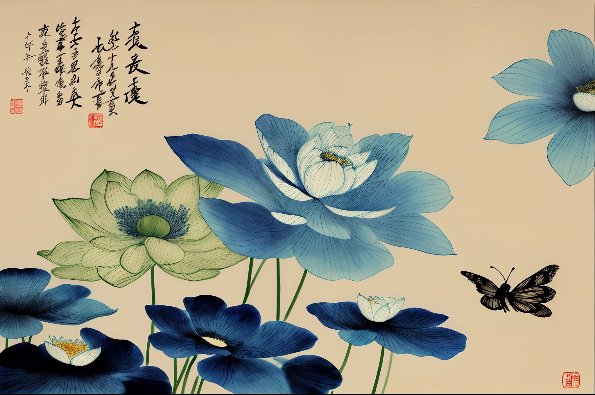 ModelShoot style, (Extremely detailed Cg Unity 8K wallpaper), 1Beautifulwoman,Hanfu,Blue and white porcelain,lotus flower,Abstract stylized beauty, lotuspond, moon full,depth of fields,Traditional Chinese Ink Painting, Traditional Chinese art, author:Guo Xi, author:Ma Yuanyu, Traditional Chinese painting, author:Xu Xi, author:Luo Mu, author:Yang Buzhi, author:Li Kelan, author:Gu An, Ink painting ) ) ) ), Chinese ink painting, Chinese painting style
