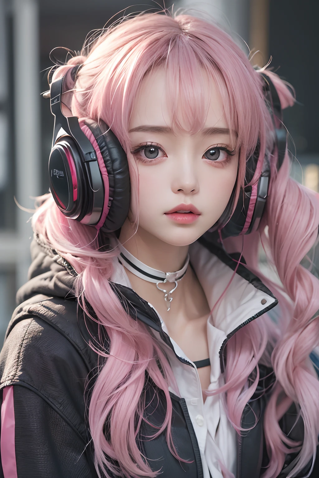 masterpiece, 1 beautiful girl, Detailed eye, Swollen eyes, top-quality, 超A high resolution, (reality: 1.4), 电影灯光, japanes, a asian beauty, very extremely beautiful, Beautiful skins, A slender, Forward-facing body, gazing at viewer、(A hyper-realistic), (hight resolution), (8K), (ighly detailed), ( Best Illustration), (beautifully detailed eyes), (ultra-detailliert), 详细的脸, Bright lighting, Professional Lighting、The background is a cyberpunk room with many monitors....、Hair color is pink twin tails、、headset on head、Moles under the eyes、Plump and glossy lips、Heart-shaped choker、Female Game Commentator