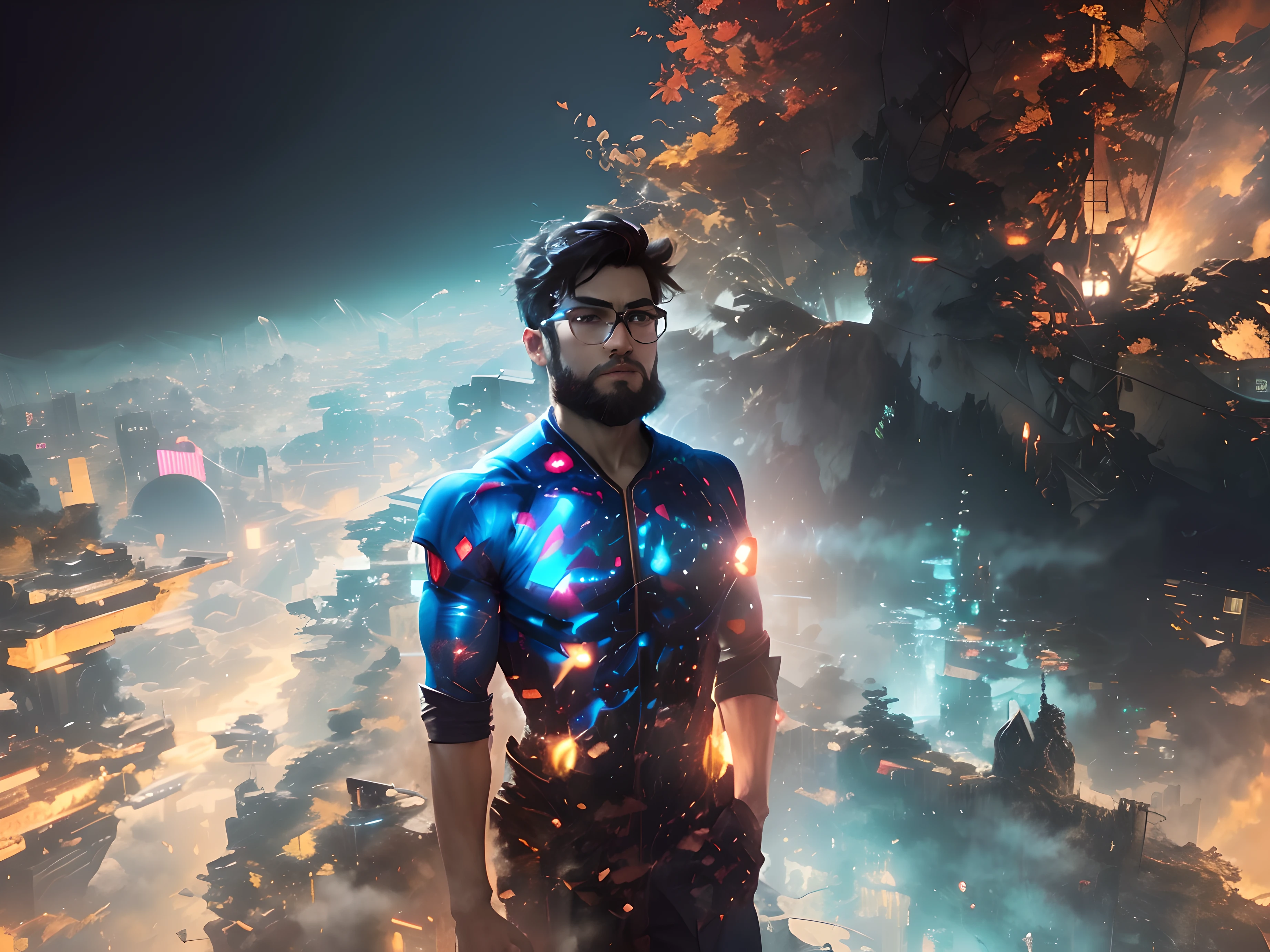 Same same face with super man costume, change background cyberpunk, smart boy with beard