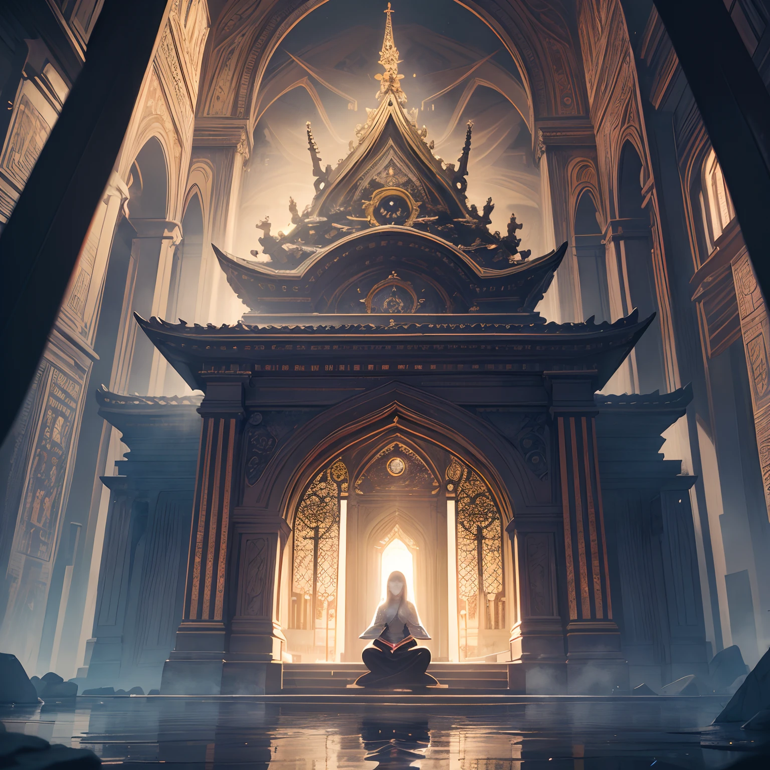 The image unfolds in a surreal and mystical dimension, where an ancient Reiki temple stands as a beacon of spiritual power chakara. The very air seems to shimmer with ethereal energy, creating an otherworldly atmosphere. The temple itself is a grand structure, intricately designed with a harmonious blend of natural elements and mystical symbols.

The architecture features ornate carvings that seem to come alive with a play of light and shadow, hinting at the deep wisdom embedded within the walls. The temple is adorned with vibrant stained glass windows that depict scenes of spiritual awakening, each panel telling a unique story.

In the foreground, a Reiki priestess is depicted in a state of focused meditation, channeling the profound energy of the universe. She is seated in a lotus position, her posture exuding grace and tranquility. Her eyes are gently closed, indicating a state of deep concentration and alignment with the energy that surrounds her.

The priestess's body is illustrated with subtle energy lines and glowing chakra points, emphasizing the flow and balance of spiritual energy within her. Each chakra is depicted in vivid colors, representing their respective energies and attributes. The colors blend seamlessly, creating a visually captivating and harmonious display of the energy centers.

The lighting in the image is captivating; it reflects the divine energy that permeates the temple. Soft, diffused light bathes the priestess, enhancing the ethereal and serene quality of the scene. The interplay of light and shadow adds depth, revealing intricate details in the temple's architecture and the priestess's meditative posture.

This image is a true masterpiece, capturing the essence of Reiki and its mystical power. The attention to detail, the use of vibrant colors, and the play of light and shadow combine to create an awe-inspiring depiction of spirituality and enlightenment.