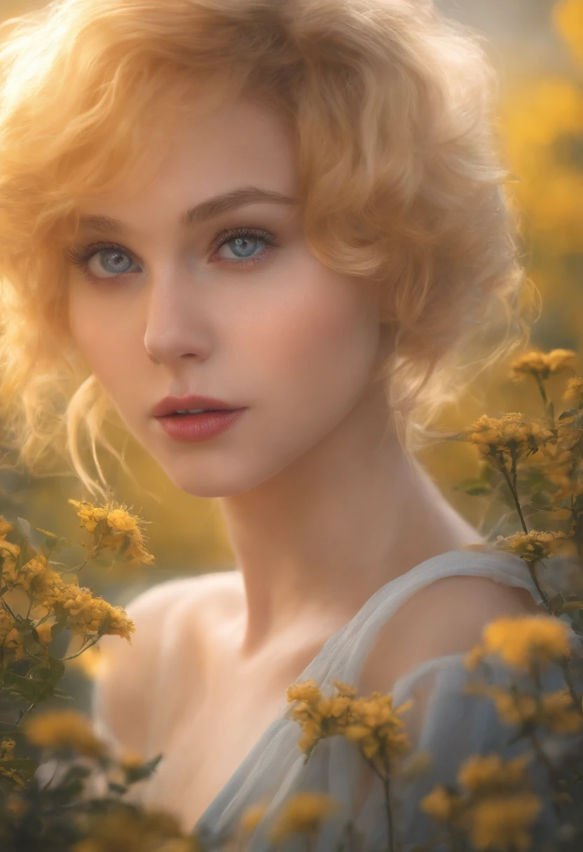 1girl, masterpiece, best quality,white dress,realistic, wariza ,cloud,blonde hair,looking at viewer, field,