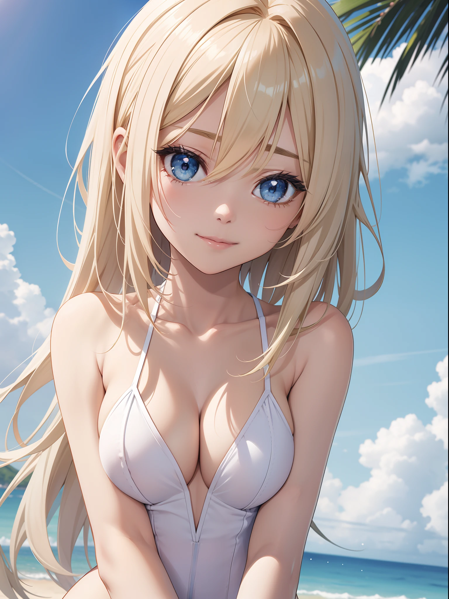 Official art、Top quality ultra-detailed CG art、a beauty girl:1.2)、a blond、Glossy hair、smooth hair、large blue eyes,Mid summer、kawaii、The sky is beautiful、White competitive swimsuit、Smooth clothes、ssmile、It features a simple、Naked、short-haired、