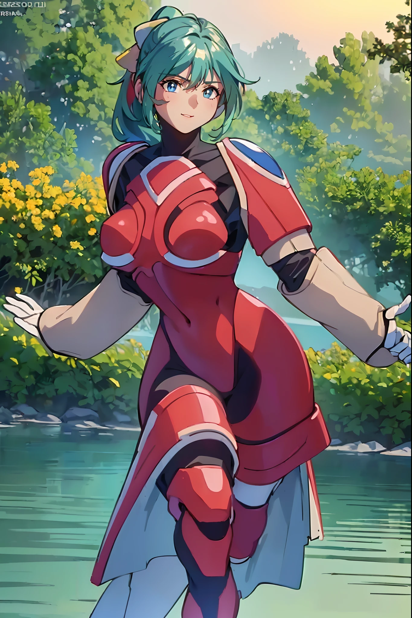 (best quality,4k,8k,highres,masterpiece:1.2),ultra-detailed,(realistic,photorealistic,photo-realistic:1.37),portrait,sky,beautiful detailed eyes,beautiful detailed lips,extremely detailed eyes and face,long eyelashes,ponytail,standing,big breasts,full body,walking, vibrant colors,studio lighting,summer evening lighting,soft golden light,ethereal atmosphere,peaceful scenery,lush green garden,flowing dress,gentle breeze