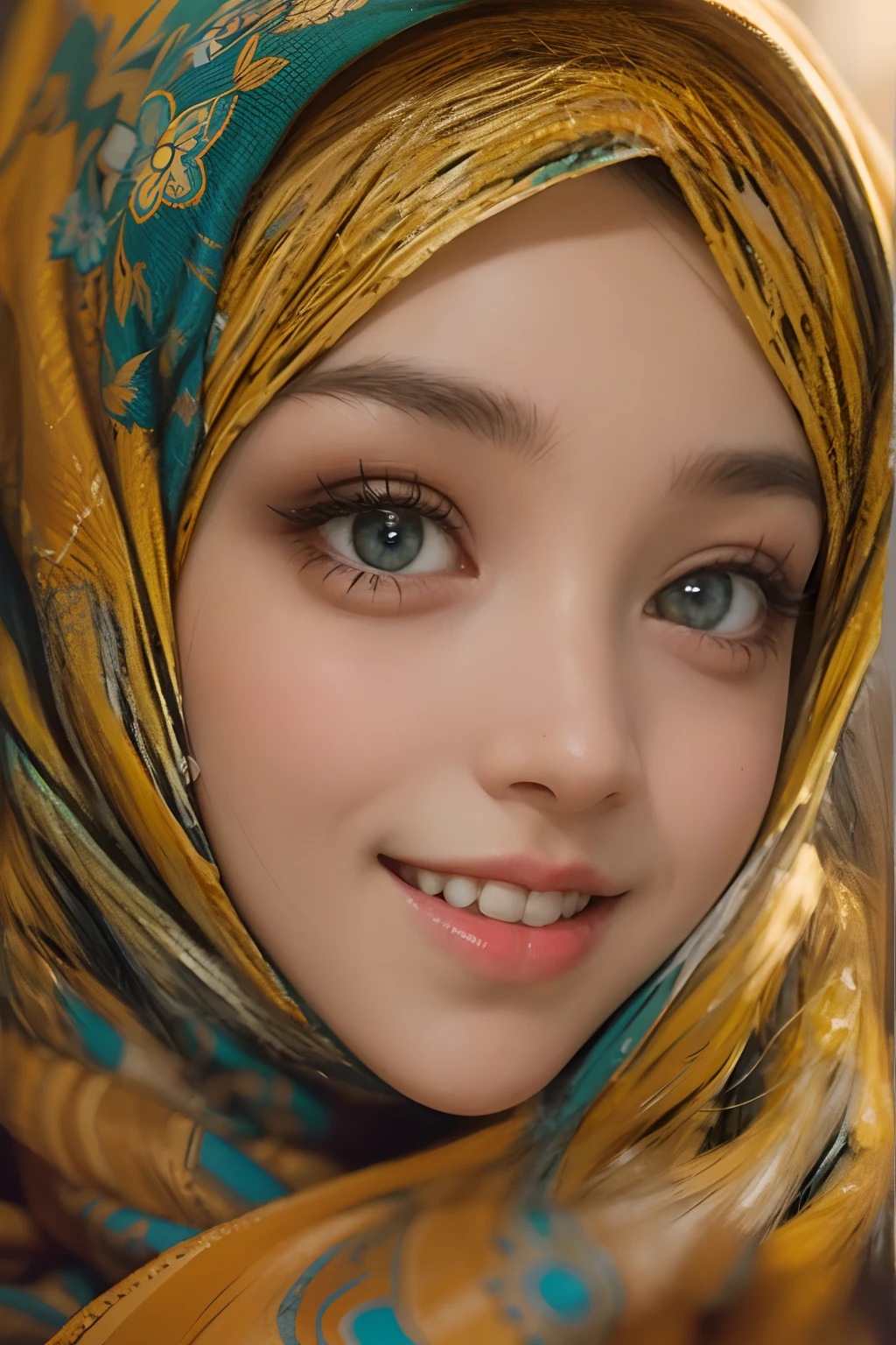 detailed,realistic hijab,detailed eyes,beautiful smile,long eyelashes,happiness,vibrant colors,portrait,medium brush strokes,warm lighting,professional,reliable colors,highres