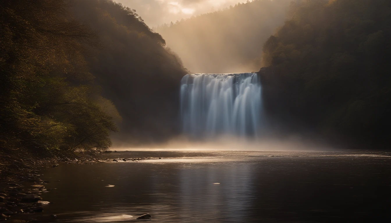 araffe falls in the mist with a bird flying over it, a matte painting by Matthias Weischer, pexels contest winner, romanticism, waterfall. fog, mist from waterfall, soft light misty, golden mist, soft focus matte painting, light through the mist, gold waterfalls, mist, majestic light, volumetric light and mist, cascade, incredible light