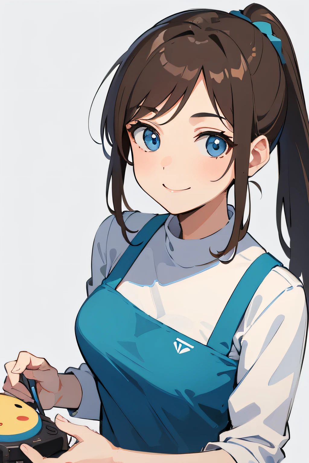 1woman, gentle blue eyes and brown hair in a ponytail, smiling, caring, daycare and toys background
