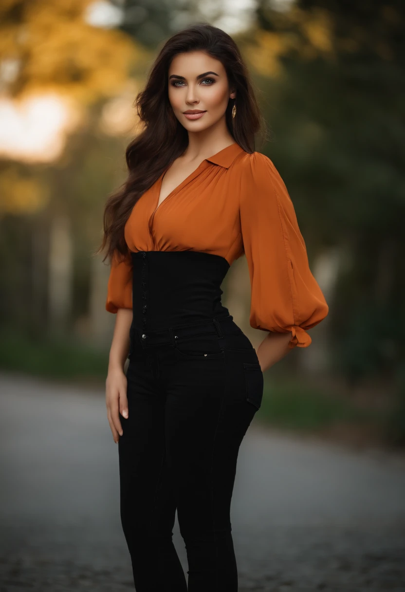 professional, (Photo 4k:1.1) by (JeremyLipking:0.3), (Dietman Anna:0.3), (Marcos Ariano:0.3), (sharp focus:1.3), very high detail, Using (black Bleiser with, inside blouse, color orange:1.2), Beautiful and detailed face, green eyes, long brown hair, (attractive young woman:1.3), (Blushing:1.1), Hourglass body type, Big Circle, Wide glutes, Brunette Goddess, , pretty face, girl perfect, beautiful smile, good girl, beautiful angle, standing pose, full body image, full body esbian, full body shot of, Wearing black jeans and shoes