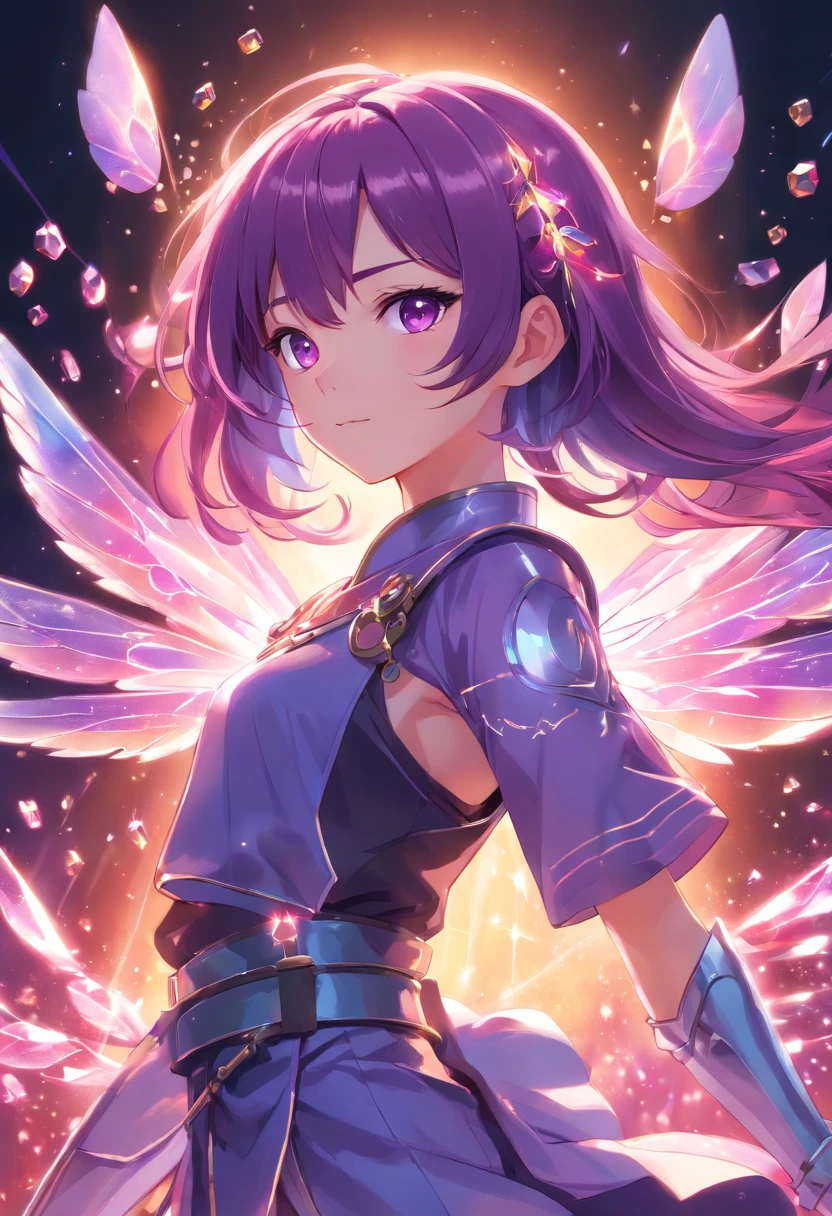 full body, character, fairy armor, intricate, elegant, highly detailed, purple eyes, dark pink hair, digital painting, artstation, holographic glow, light particles, raytraced, alchemist room with colorful potions, concept art, magic energy wings, smooth, sharp focus, illustration, 8k, floating colorful crystals,
