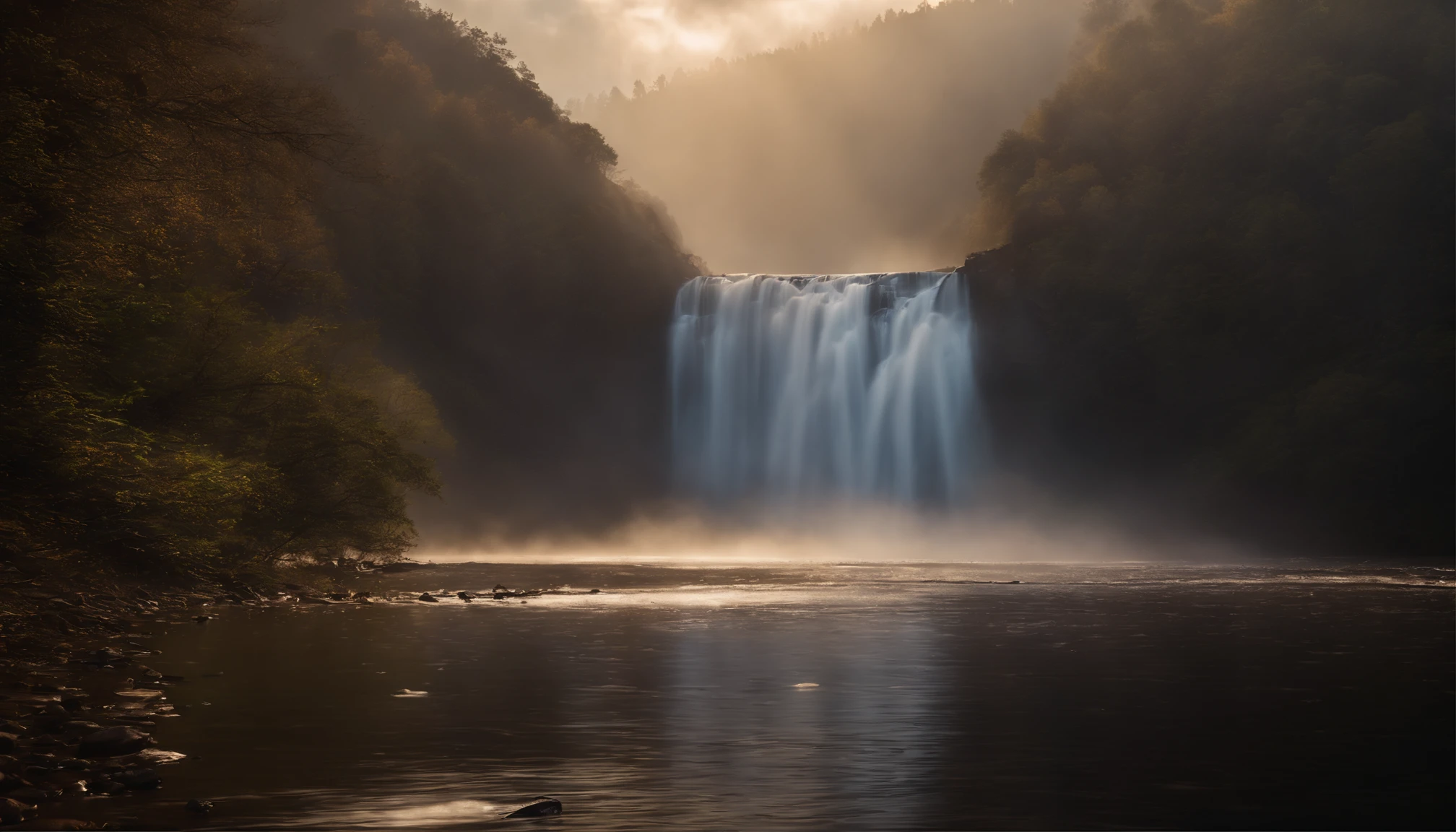 araffe falls in the mist with a bird flying over it, a matte painting by Matthias Weischer, pexels contest winner, romanticism, waterfall. fog, mist from waterfall, soft light misty, golden mist, soft focus matte painting, light through the mist, gold waterfalls, mist, majestic light, volumetric light and mist, cascade, incredible light