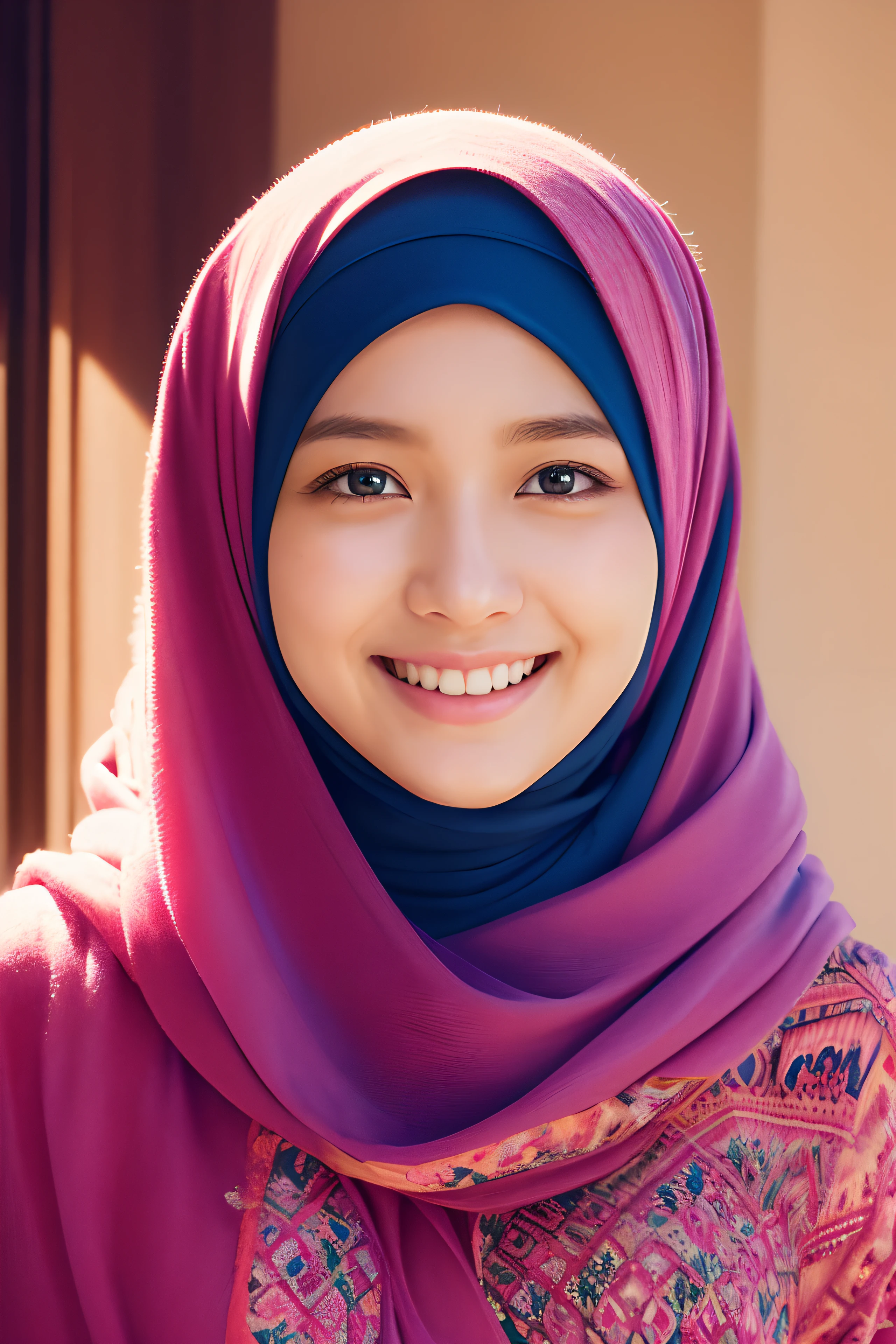 detailed,realistic hijab,detailed eyes,beautiful smile,long eyelashes,happiness,vibrant colors,portrait,medium brush strokes,warm lighting,professional,reliable colors,highres