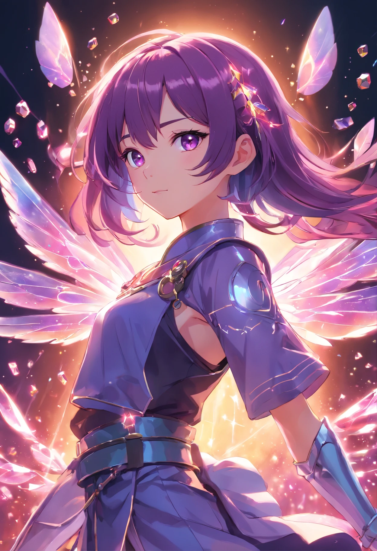 full body, character, fairy armor, intricate, elegant, highly detailed, purple eyes, dark pink hair, digital painting, artstation, holographic glow, light particles, raytraced, alchemist room with colorful potions, concept art, magic energy wings, smooth, sharp focus, illustration, 8k, floating colorful crystals,