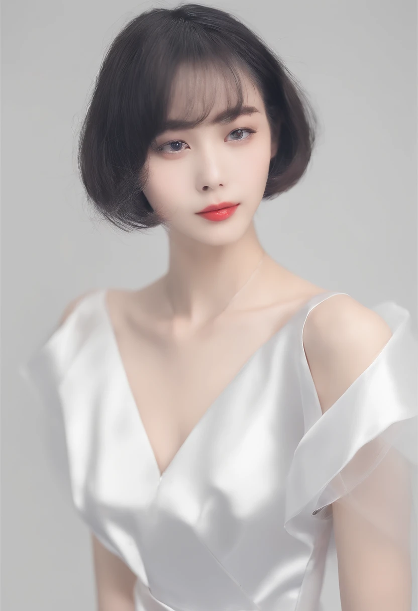 Flat coating、anime big breast、Emphasize the lines、white backgrounid、grown woman、flatchest、Whole body diagram、silber hair、short-hair、Inner buckle hair、ssmile、White slip dress、Lace skirt、frontage、tmasterpiece、high qulity